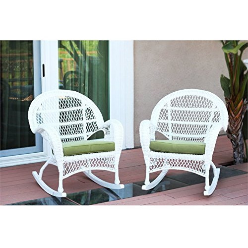 Jeco Wicker Rocker Chair With Green Cushion, Set Of 2, White