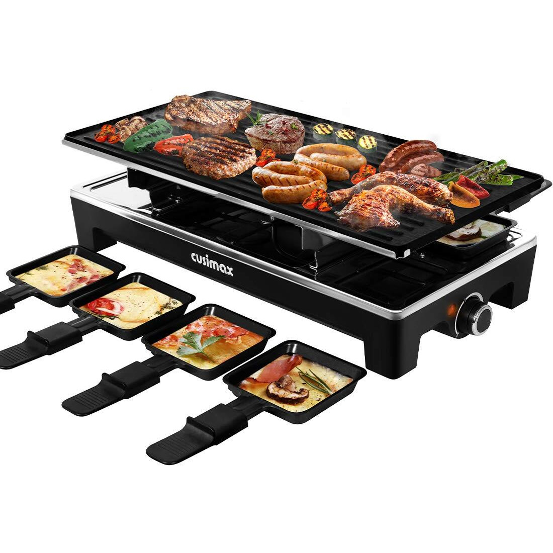 Cusimax Raclette Grill Electric Grill Table Portable 2 In 1 Korean Bbq Grill Indoor & Cheese Raclette, Reversible Non-Stick Plate, Crepe Maker With Adjustable Temperature Control And 8 Paddles