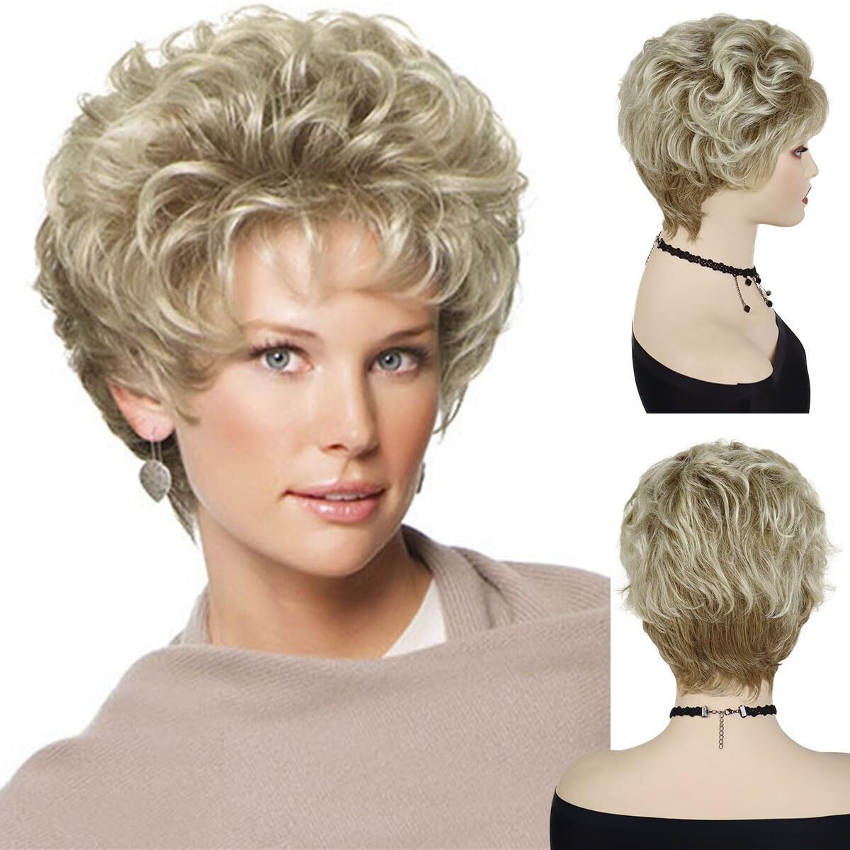 Gnimegil Old Lady Wig Blonde Hair Short Curly Wigs Natural Mommy Wig With Bangs For Women Synthetic Princess Diana Blanche Cosplay Wig Halloween Costume For Women