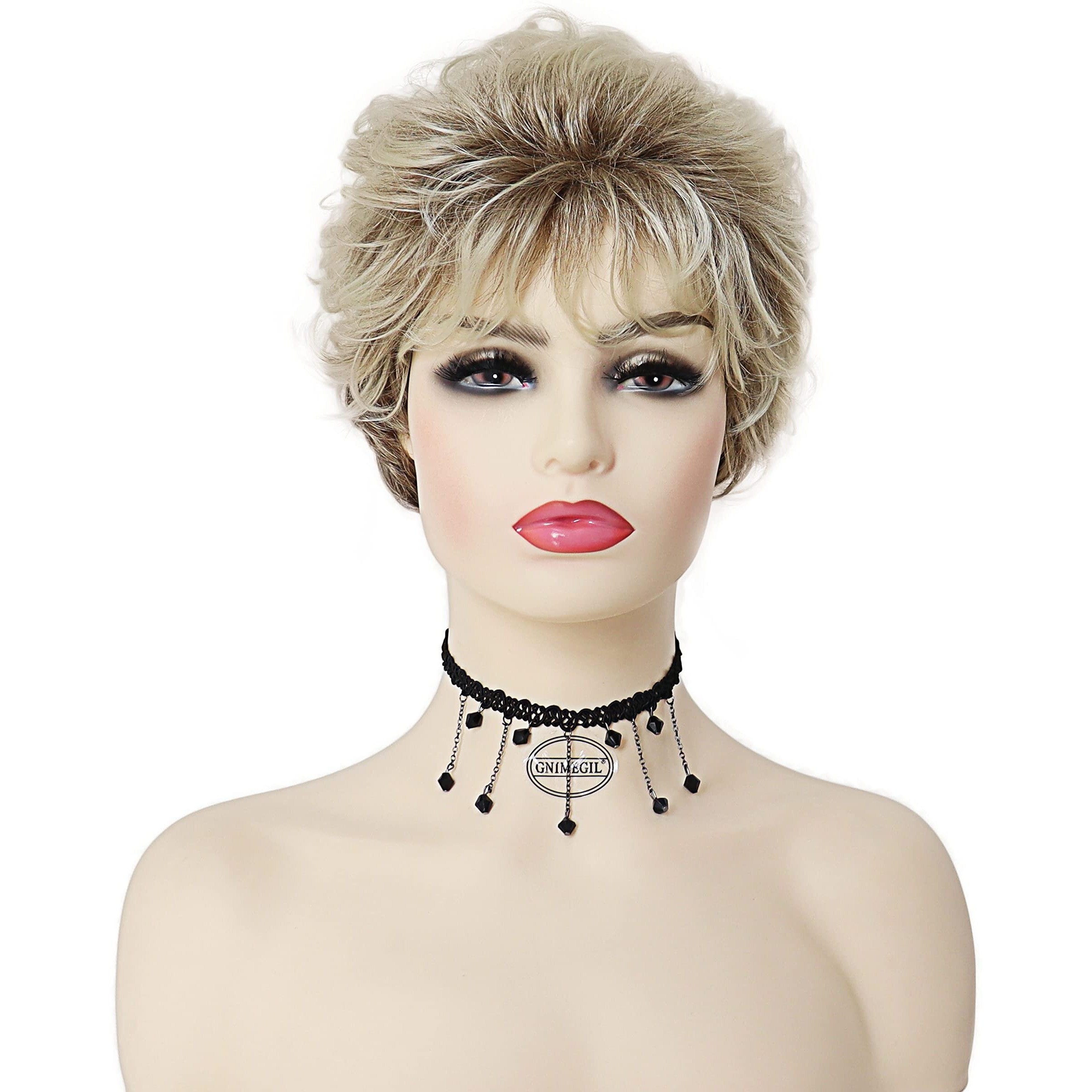 Gnimegil Old Lady Wig Blonde Hair Short Curly Wigs Natural Mommy Wig With Bangs For Women Synthetic Princess Diana Blanche Cosplay Wig Halloween Costume For Women