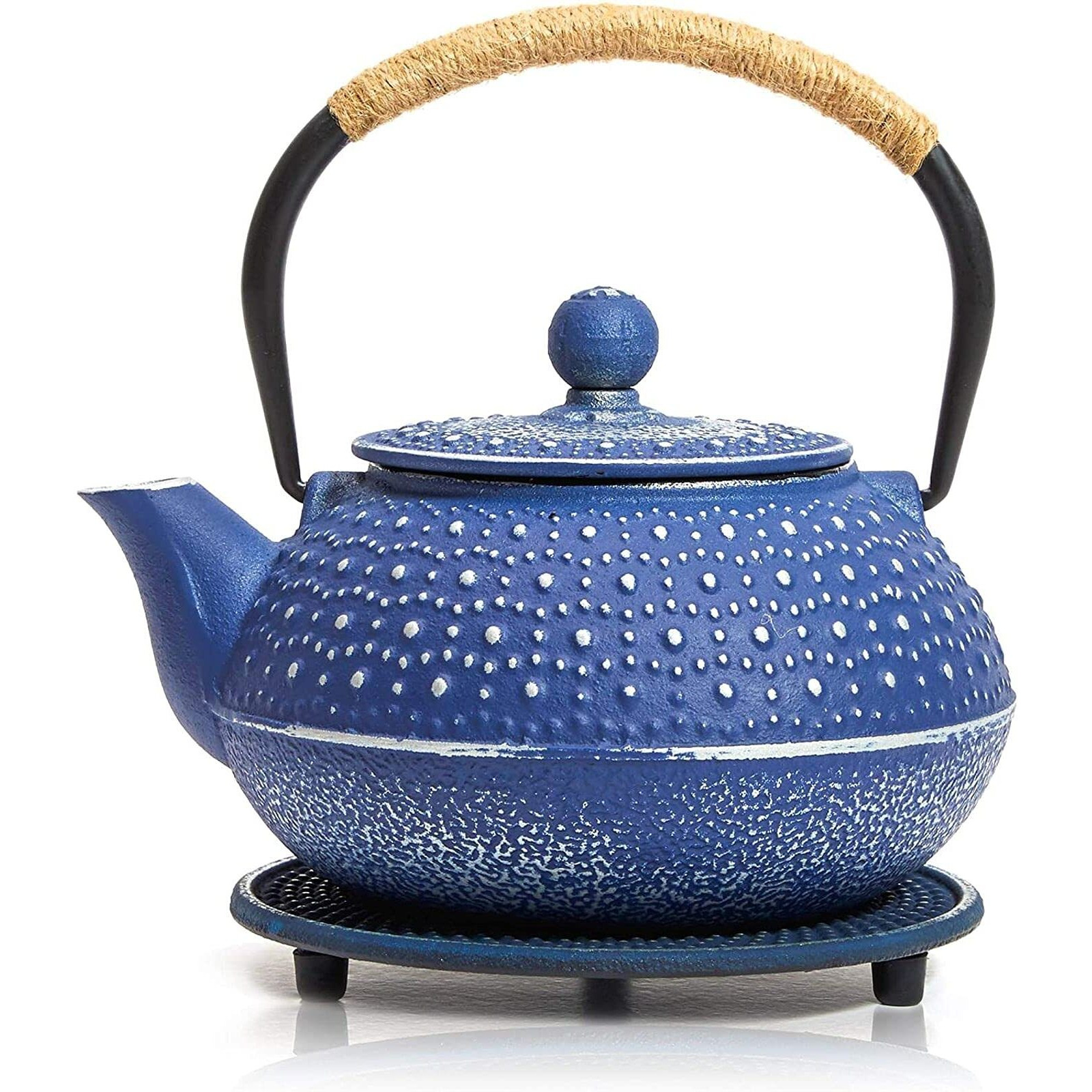 Juvale Cast Iron Teapot With Infuser - Japanese Tea Kettle, Loose Leaf Tetsubin With Handle And Trivet (Blue, 3 Pcs, Holds 27 Oz, 800 Ml)