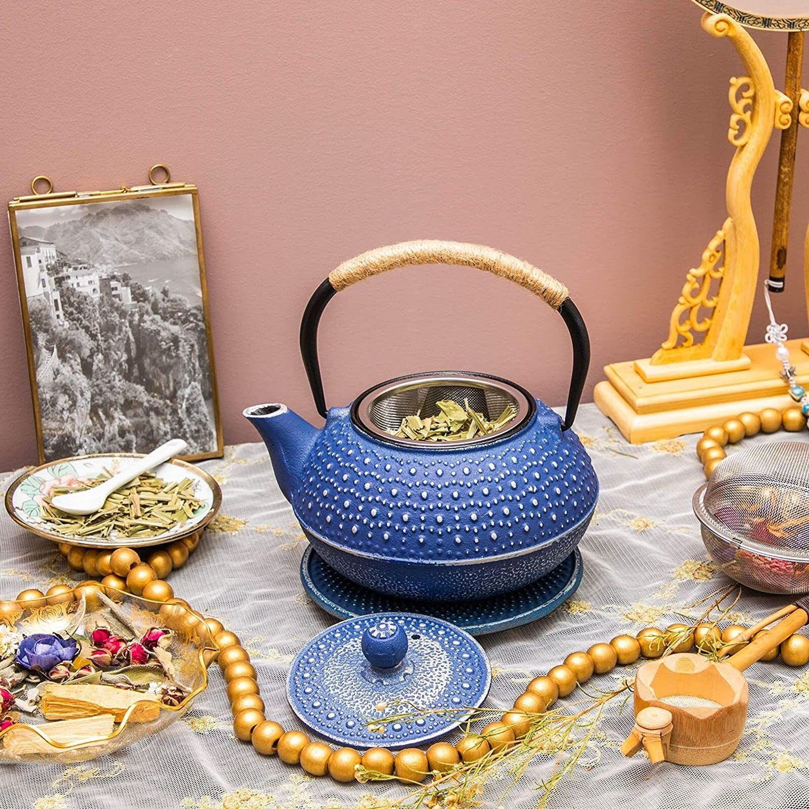 Juvale Cast Iron Teapot With Infuser - Japanese Tea Kettle, Loose Leaf Tetsubin With Handle And Trivet (Blue, 3 Pcs, Holds 27 Oz, 800 Ml)