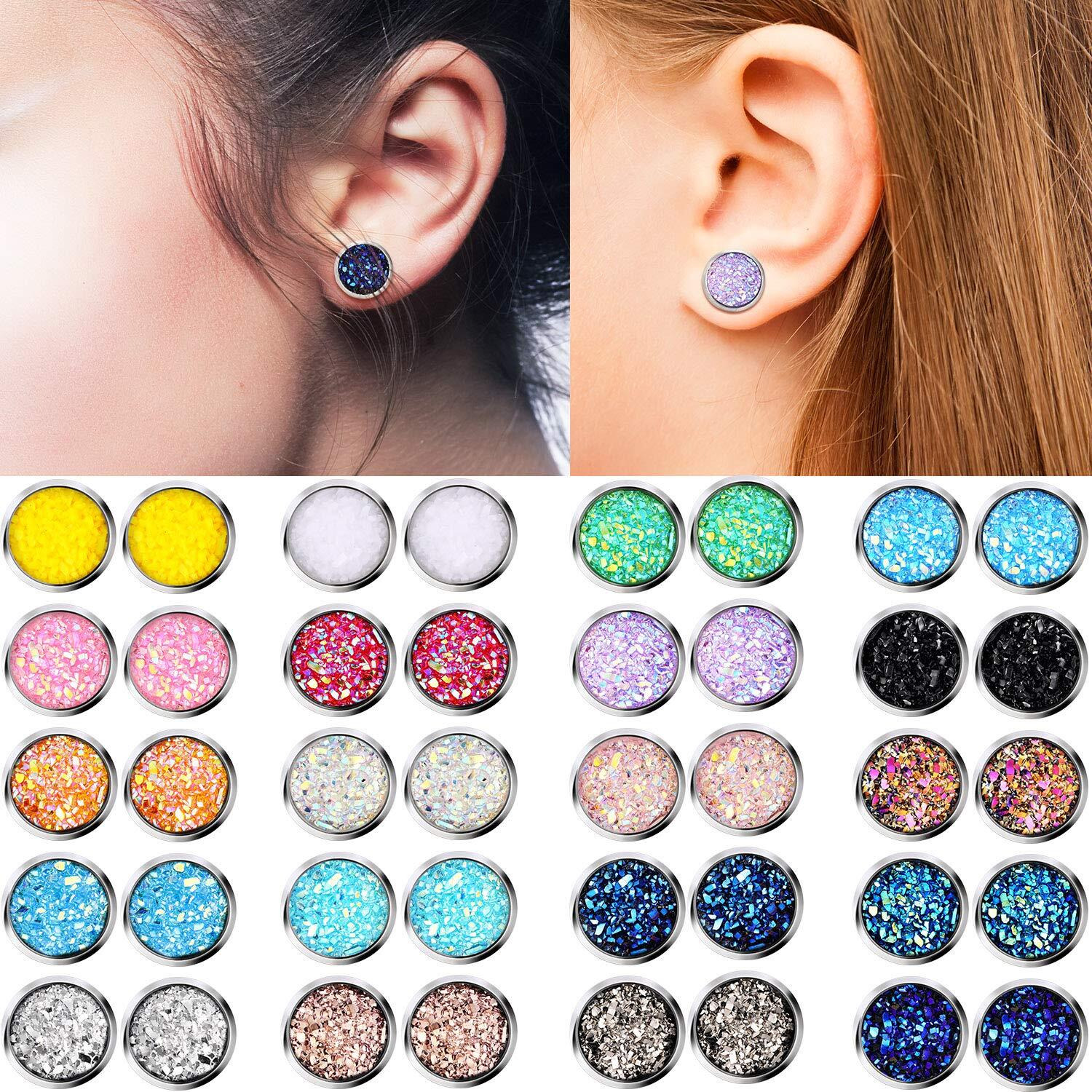 20 Pairs Druzy Stud Earrings Set Stainless Steel Earrings Pierced Earrings Jewelry For Women(Round)