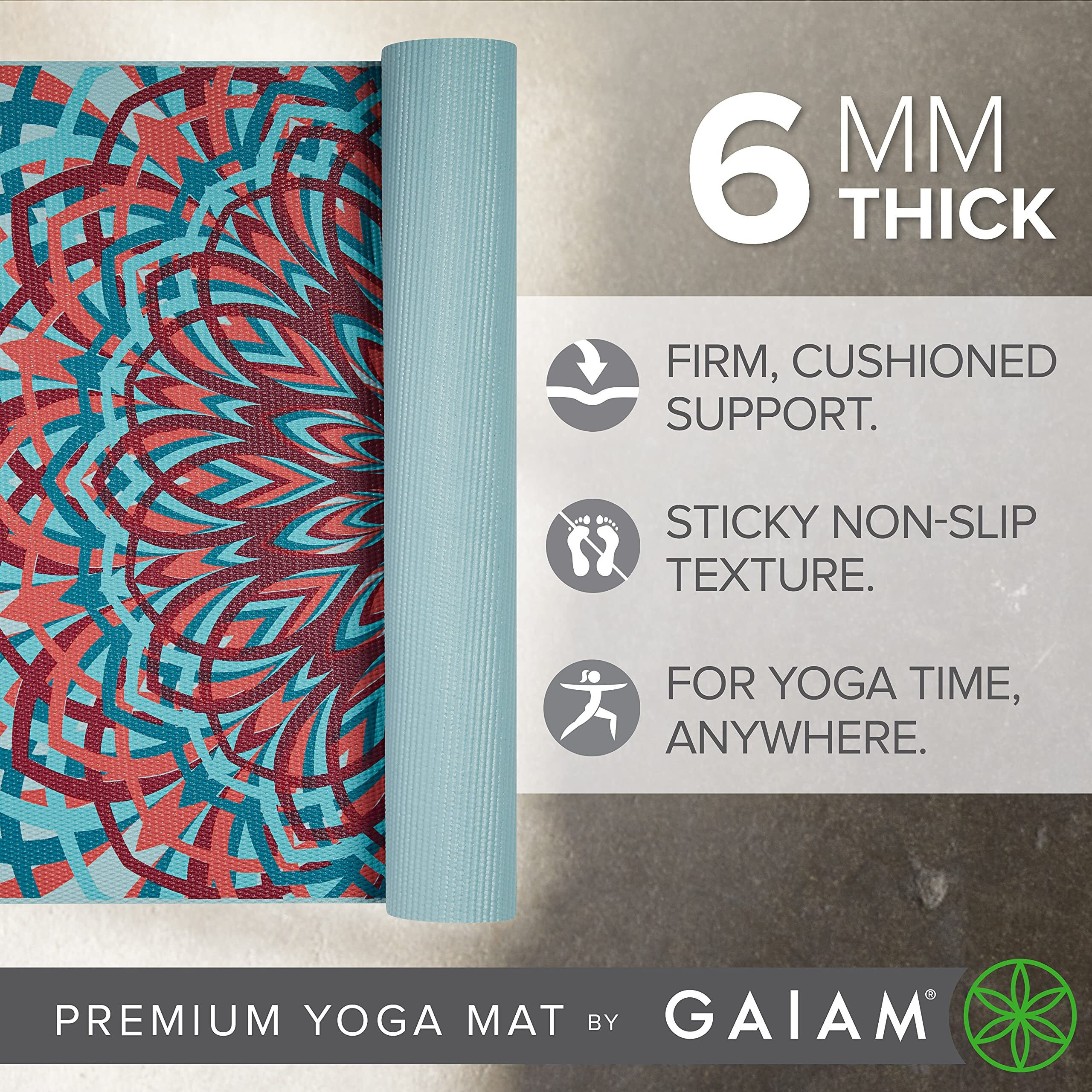 Gaiam Yoga Mat Premium Print Extra Thick Non Slip Exercise & Fitness Mat For All Types Of Yoga, Pilates & Floor Workouts, Santorini, 6Mm, 68"" L X 24"" W X 6Mm