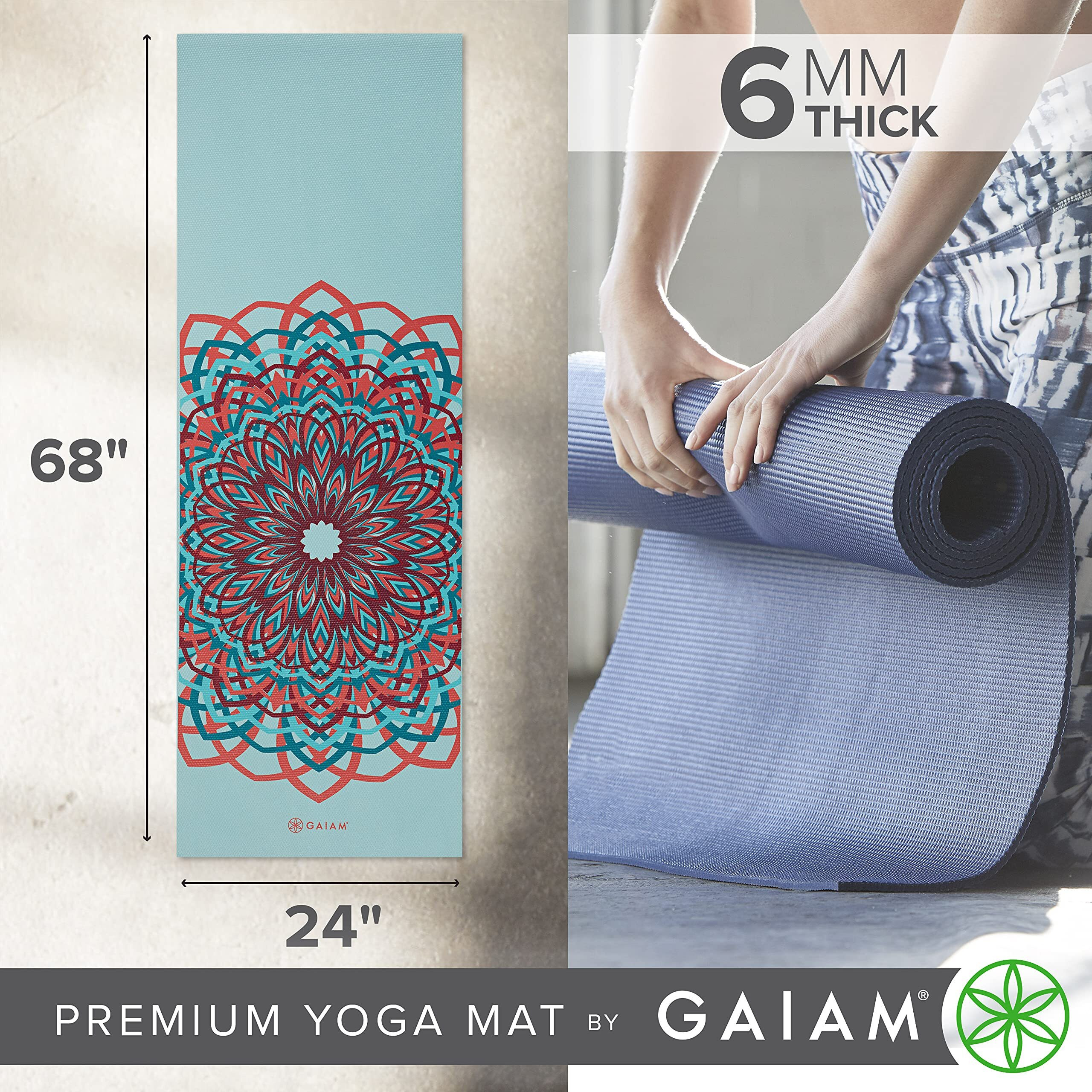 Gaiam Yoga Mat Premium Print Extra Thick Non Slip Exercise & Fitness Mat For All Types Of Yoga, Pilates & Floor Workouts, Santorini, 6Mm, 68"" L X 24"" W X 6Mm