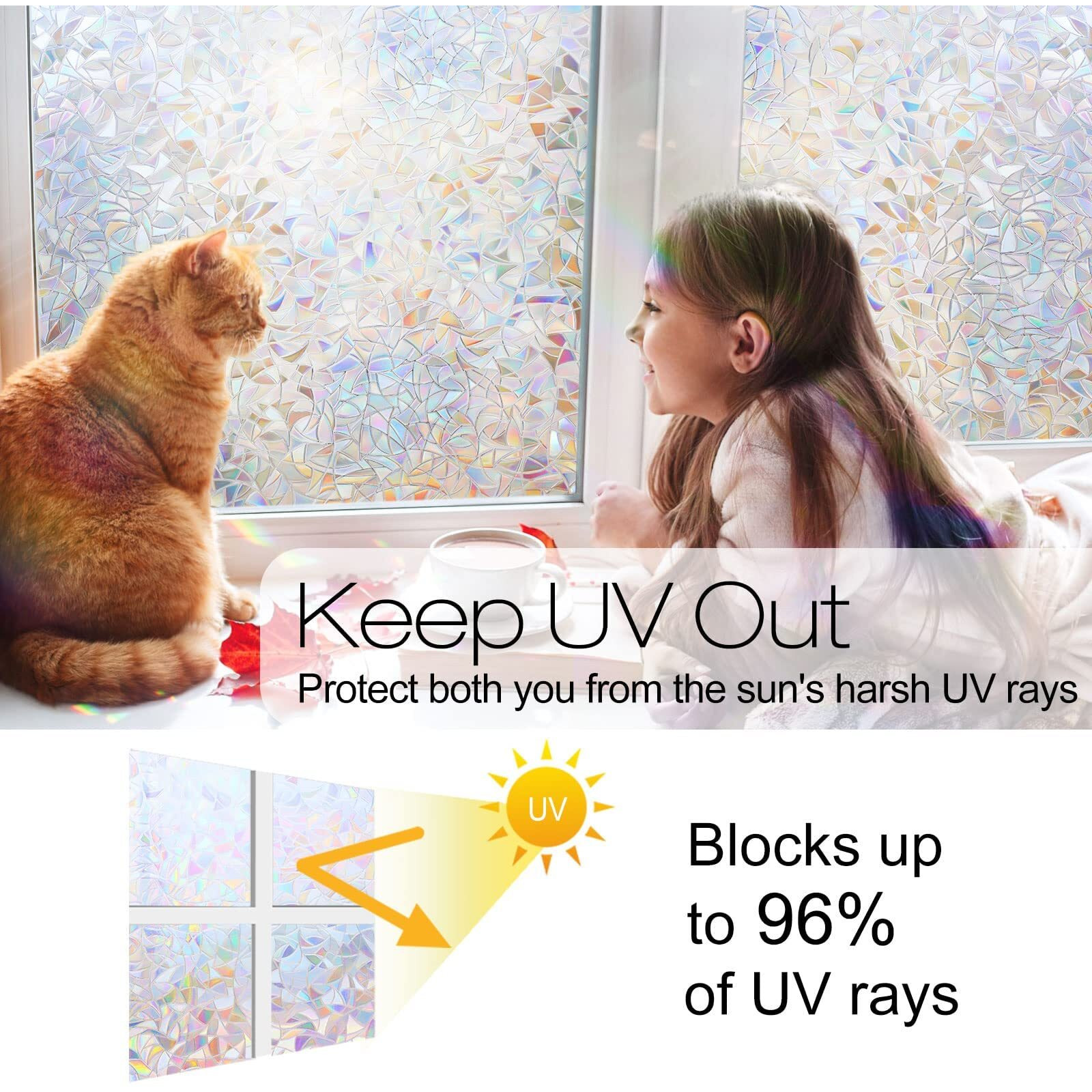 Rabbitgoo Window Privacy Film Rainbow Film Decorative Window Sticker, 3D Static Stained Glass Cling Tint For Home Heat Control Non-Adhesive, 35.4 X 78.7 Inches