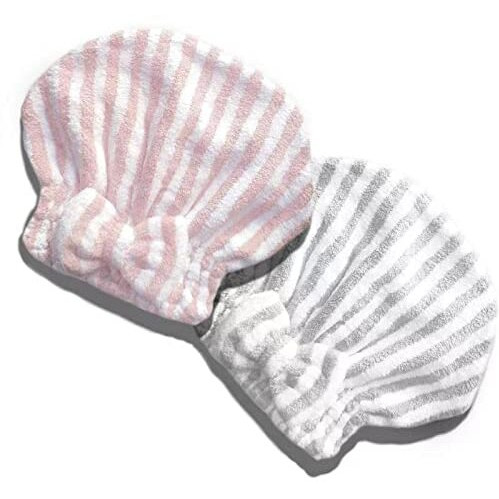 Sportmore Microfiber Hair Towel Cap,Soft Absorbent Quick Drying Cap For Curly Thick Hair, Wrap Cap With Hair Brush For Women Girls (Pink&Gray White, 2)