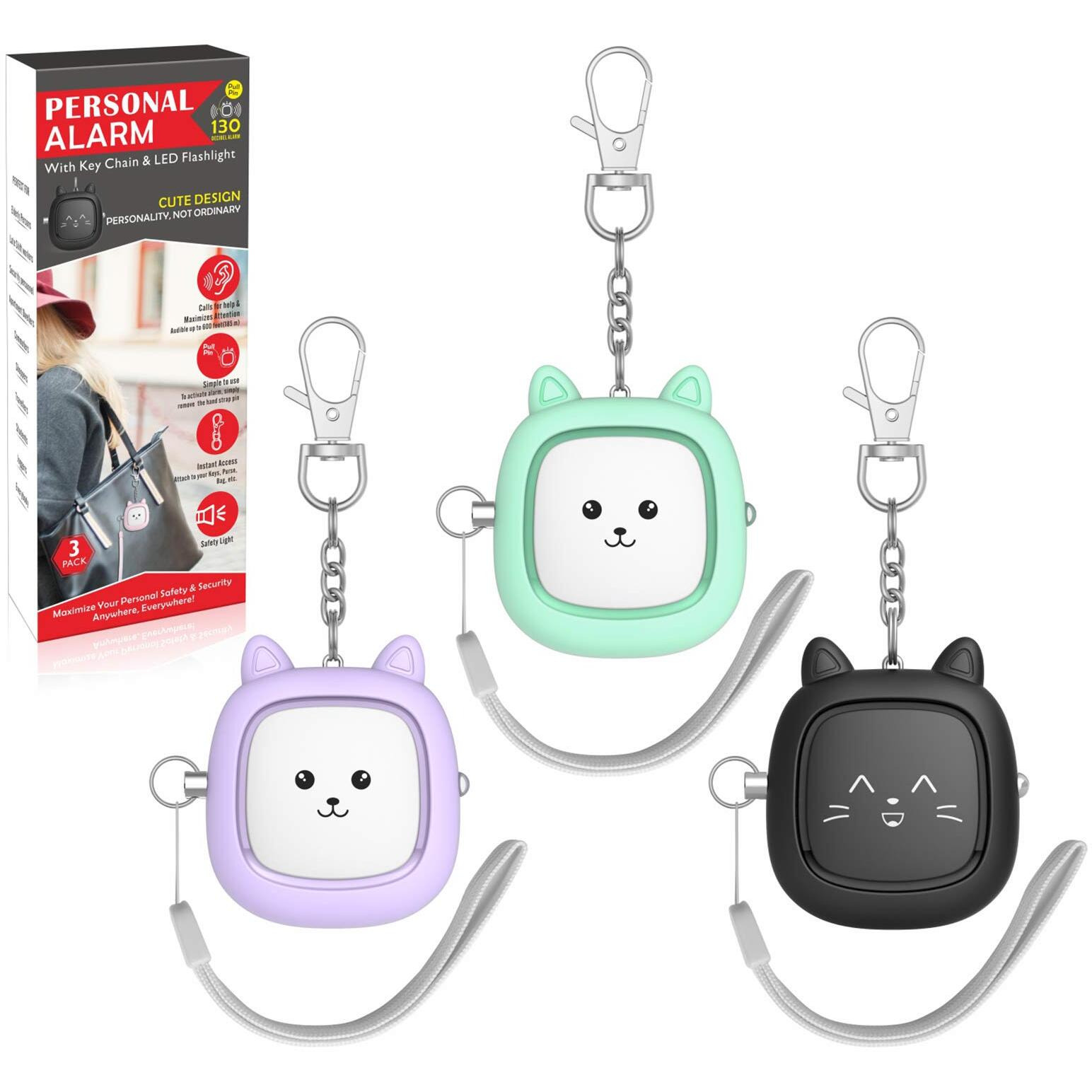 Safe Sound Personal Alarm,3 Pack130 Db Loud Siren Song Emergency Self-Defense Security Alarm Keychain With Led Light, Personal Sound Safety Siren For Women, Men, Children, Elderly (Black/Purple/Green)