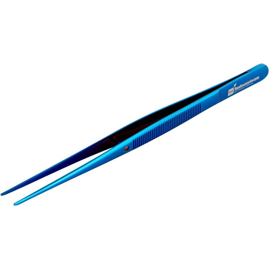Restaurantware Perfect Point 6.3 Inch Food Tweezers 1 Straight Kitchen Tweezers - Fine Point Serrated Tips For Precision Blue Stainless Steel Cooking Tweezers For Seafood Plating Or Decorating