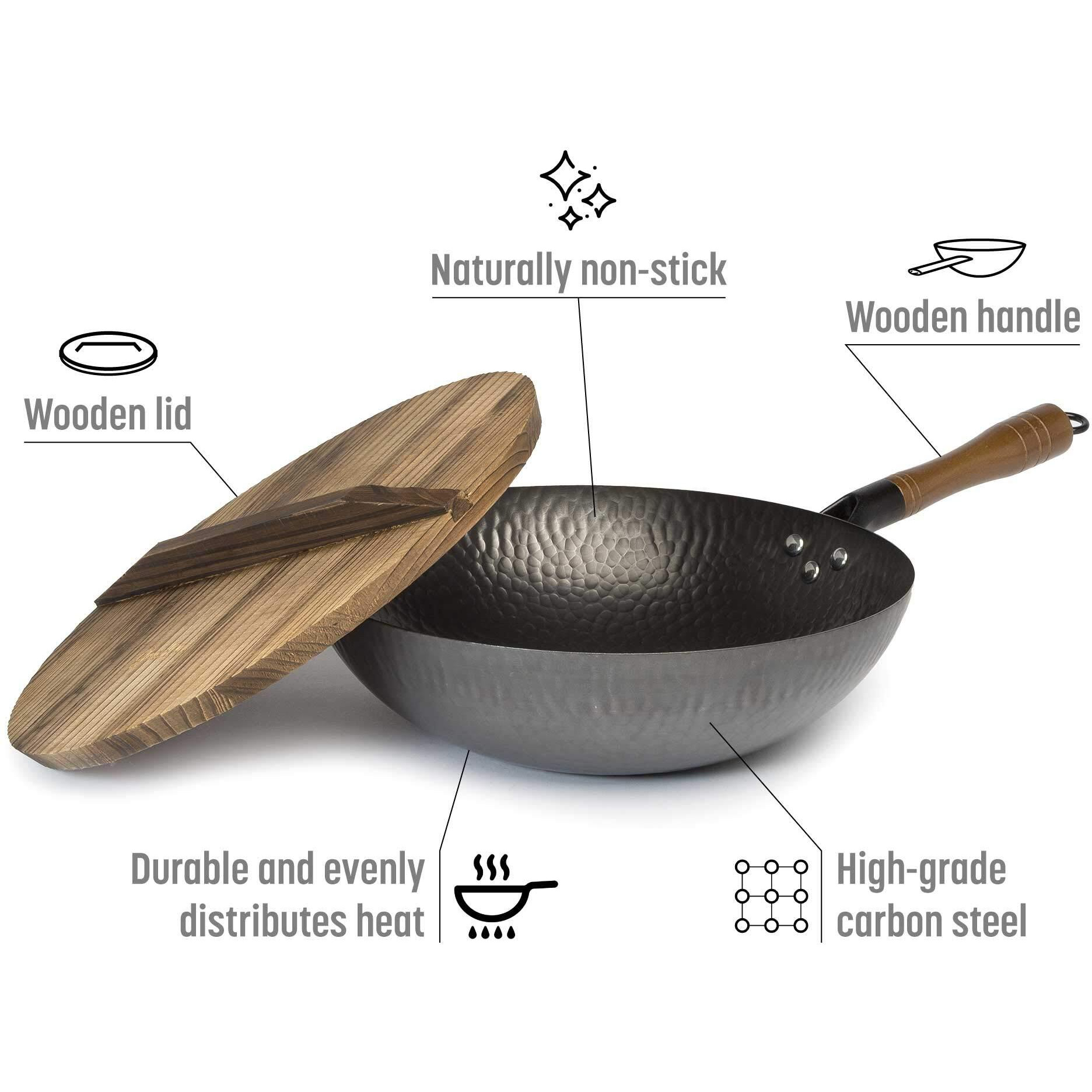 Goodful Hammered Carbon Steel 13-Inch Wok Pan With Lid, Black, Non-Stick, Compatible With Most Cooktops