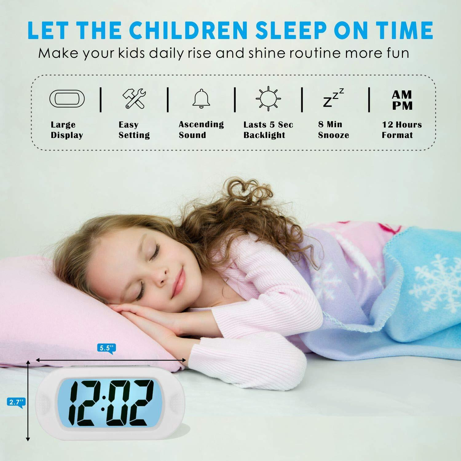 Plumeet Kids Alarm Clock Large Digital Lcd Travel Alarm Clocks With Snooze And Night Light - Ascending Sound And Handheld Size - Best Gift For Kids (White)