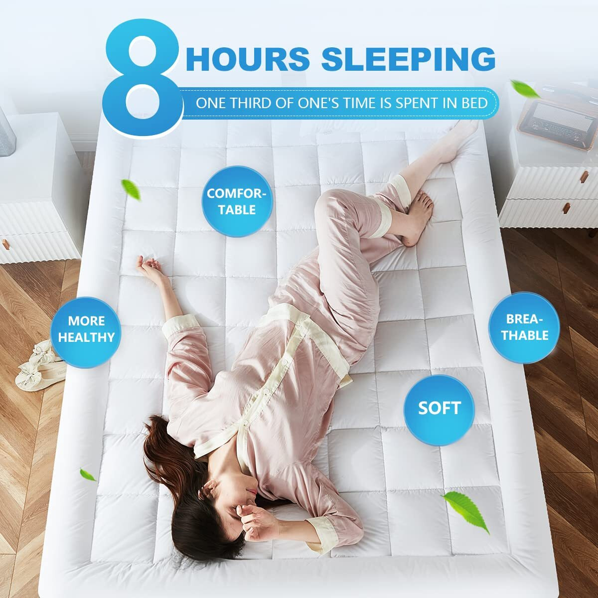 Queen Mattress Pad Cover Cooling Mattress Topper Pillow Top With Down Alternative Fill (8-21    Fitted Deep Pocket Queen Size) White