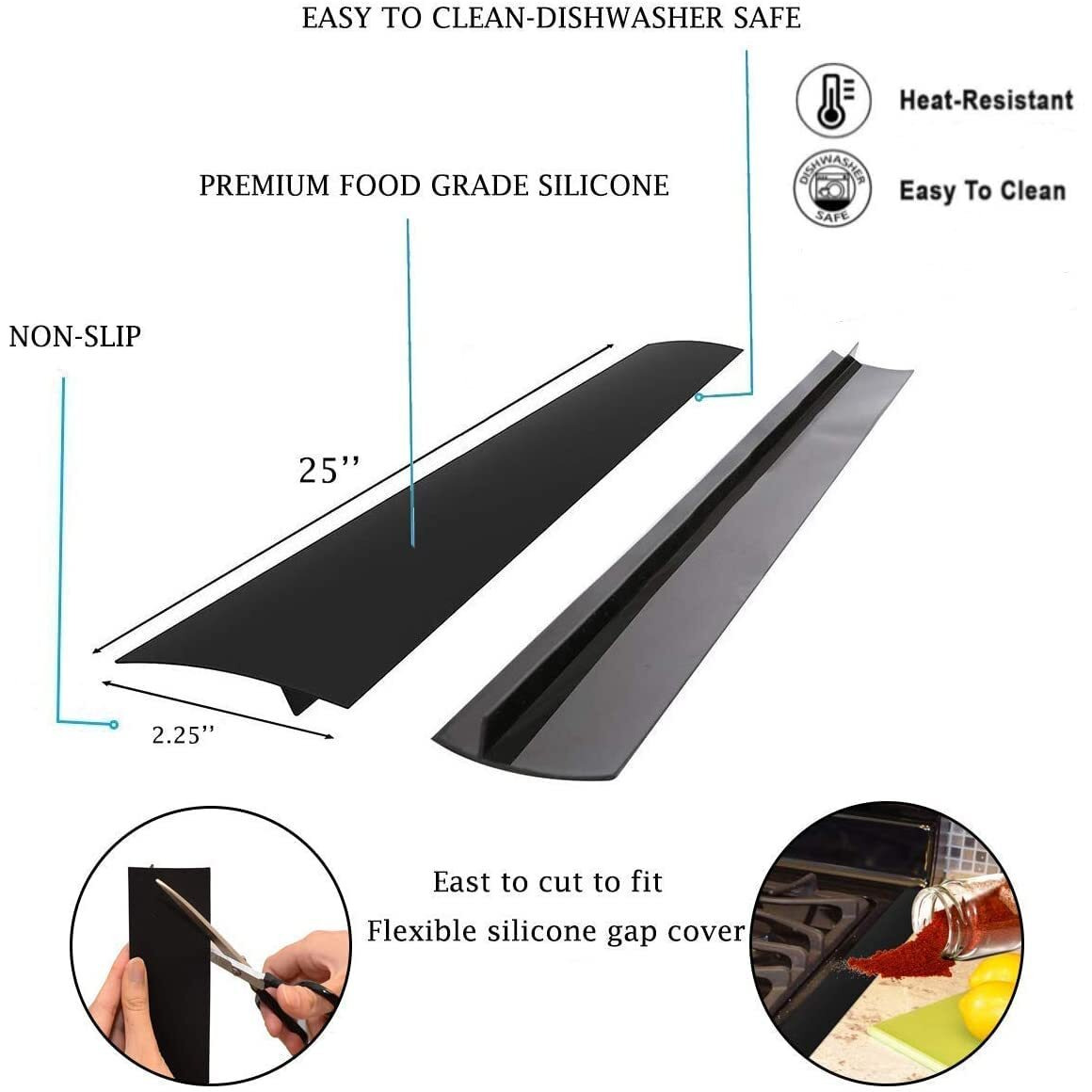 25Inch Kitchen Silicone Stove Counter Gap Cover, Easy Clean Heat Resistant Wide & Long Gap Filler, Seals Spills Between Counter, Stovetop, Oven, Washer & Dryer, Set Of 2 (Black)