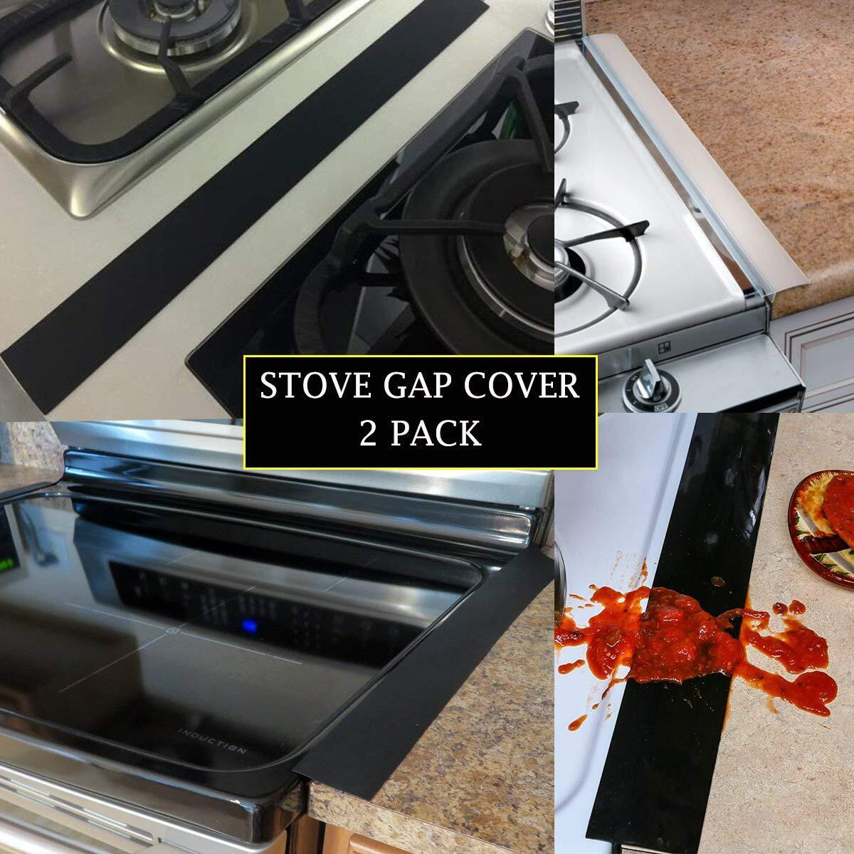 25Inch Kitchen Silicone Stove Counter Gap Cover, Easy Clean Heat Resistant Wide & Long Gap Filler, Seals Spills Between Counter, Stovetop, Oven, Washer & Dryer, Set Of 2 (Black)