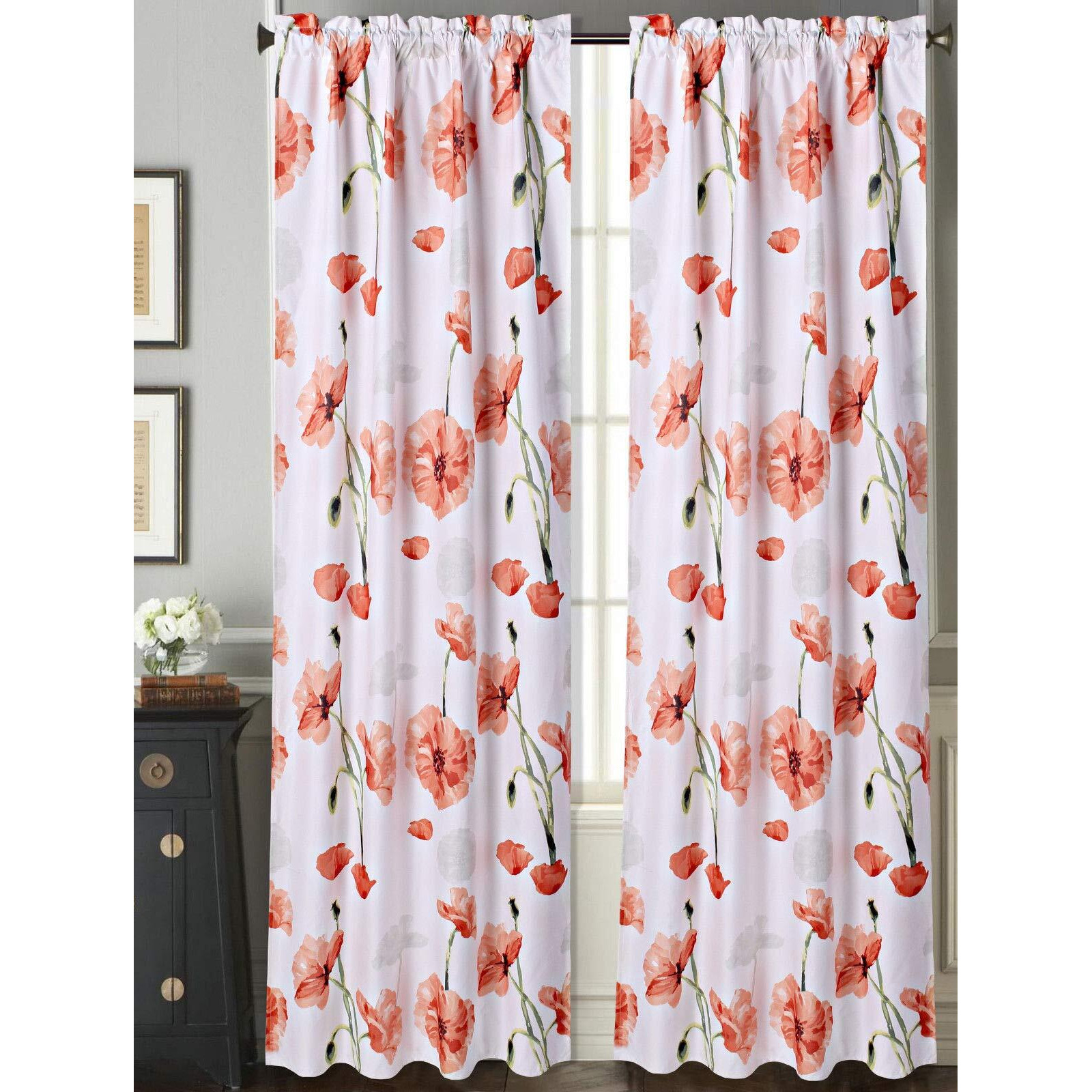 Sapphire Home 2 Rod Pocket Curtain Panels 63 Inches Long, Decorative Floral Print, Light Filtering Room Darking Thermal Foam Back Lined Curtain Panels For Living/Bedroom/Patio Door, Drp 63"" Orange