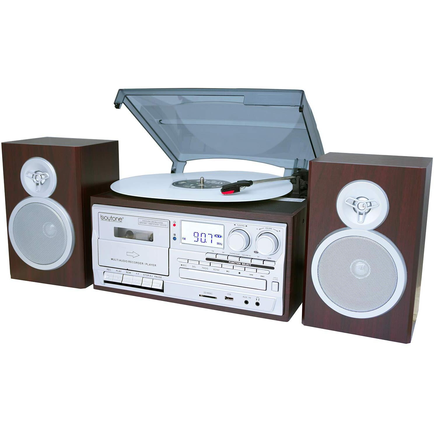 Boytone Bt-28Sps Bluetooth Classic Style Record Player Turntable With Am/Fm Radio, Cassette Player, Cd Player, 2 Separate Stereo Speakers, Record Vinyl, Radio, Cassette To Mp3 Sd Slot Usb, Aux Silver