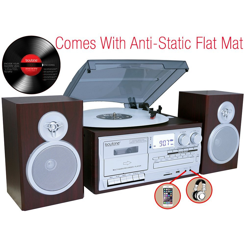 Boytone Bt-28Sps Bluetooth Classic Style Record Player Turntable With Am/Fm Radio, Cassette Player, Cd Player, 2 Separate Stereo Speakers, Record Vinyl, Radio, Cassette To Mp3 Sd Slot Usb, Aux Silver