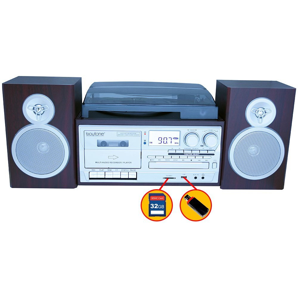 Boytone Bt-28Sps Bluetooth Classic Style Record Player Turntable With Am/Fm Radio, Cassette Player, Cd Player, 2 Separate Stereo Speakers, Record Vinyl, Radio, Cassette To Mp3 Sd Slot Usb, Aux Silver