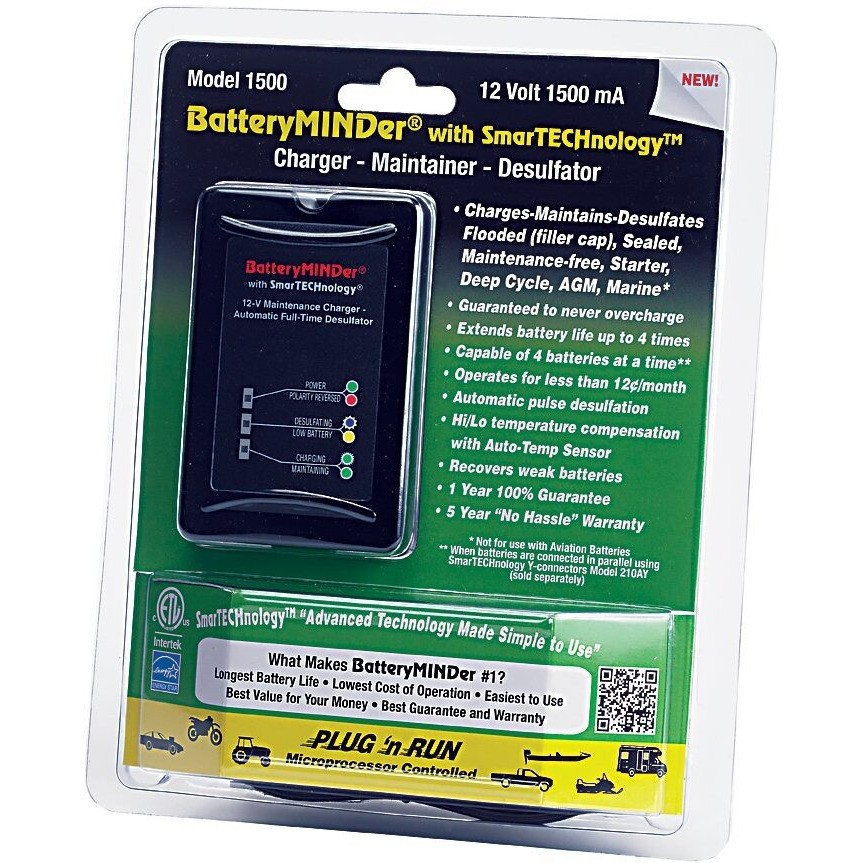 Batteryminder 1500 12 Volt-1.5 Amp Battery Charger, Battery Maintainer, And Battery Desulfator With Smarttechnology - Designed For Cars, Trucks, Boats, Motorcycles, Snowmobiles, Jet Skis, Golf Carts