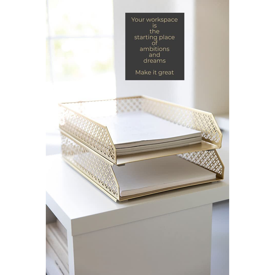 Gold File Organizer Office Inbox Gold Paper Tray Organizer For Desk - Gold Desk Tray - Gold Letter Tray Set Of 2 Stackable Letter Trays For Desk Office Trays For Desk Organizer File Baskets For Desk