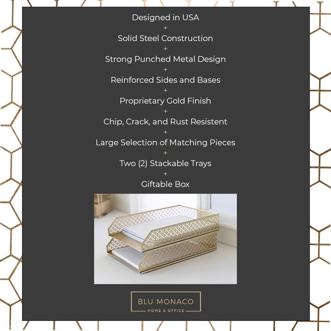 Gold File Organizer Office Inbox Gold Paper Tray Organizer For Desk - Gold Desk Tray - Gold Letter Tray Set Of 2 Stackable Letter Trays For Desk Office Trays For Desk Organizer File Baskets For Desk