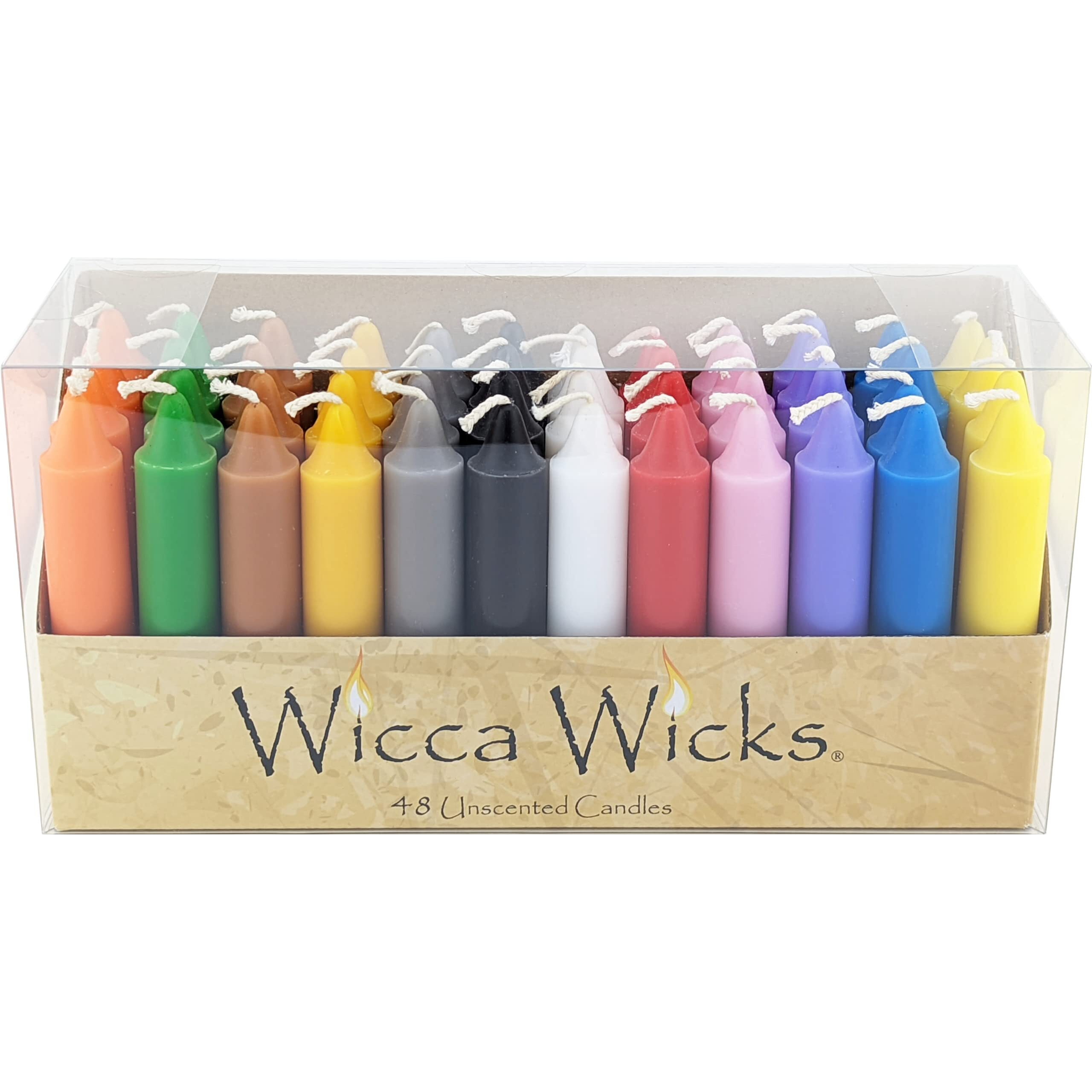 Wicca Wicks - Box Of 48 Colored Candles | 4 Inches Tall & 3/4 Inch Diameter | Witchcraft Supplies For Your Personal Wiccan Altar, Spells, Charms & Intentions | Witchy Room Decor | Taper Candlesticks