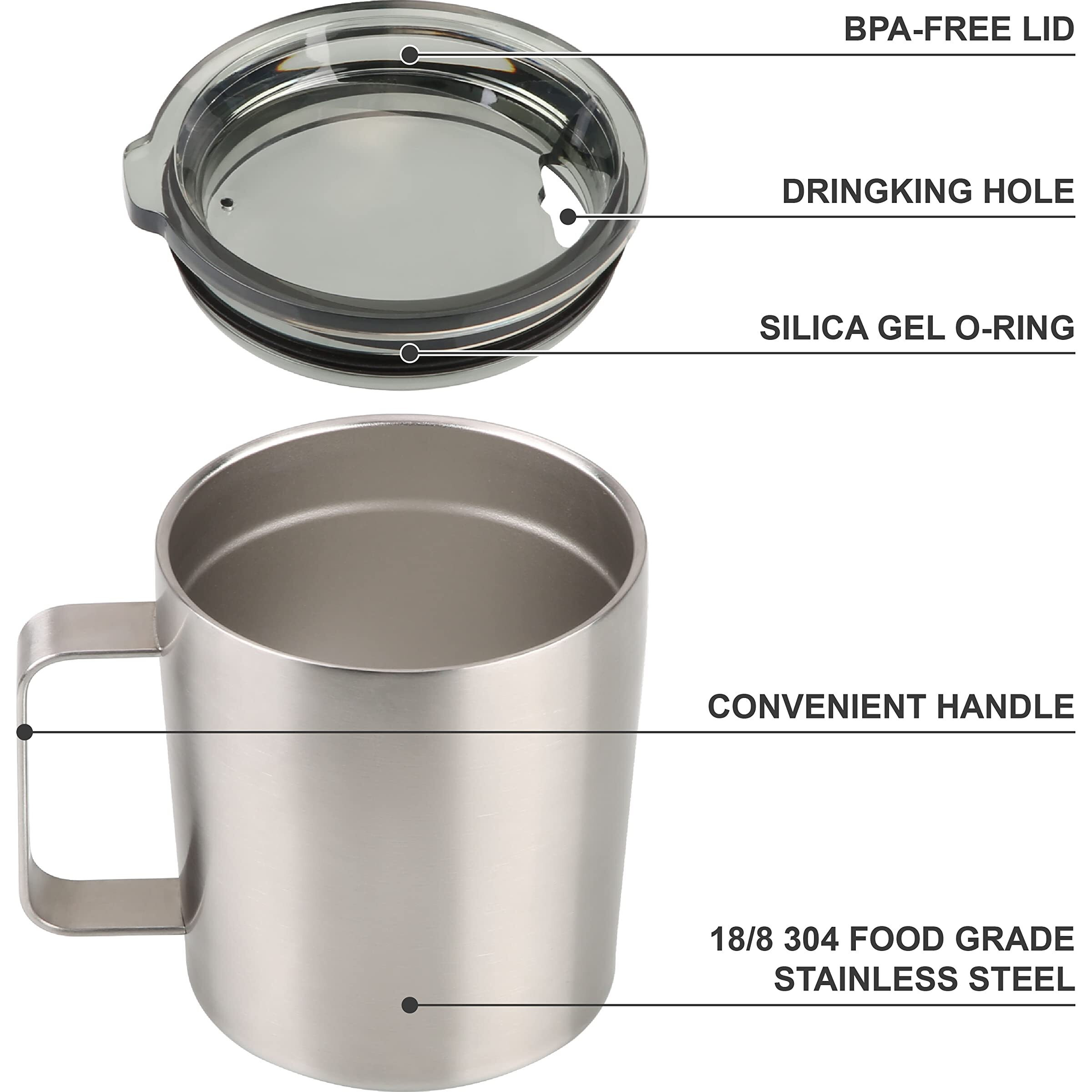 12 Oz Insulated Coffee Mug With Lid, Stainless Steel, Double Wall Vacuum Insulated Travel Mug Coffee Cup With Handle, Stainless Steel/Silver (803-019)