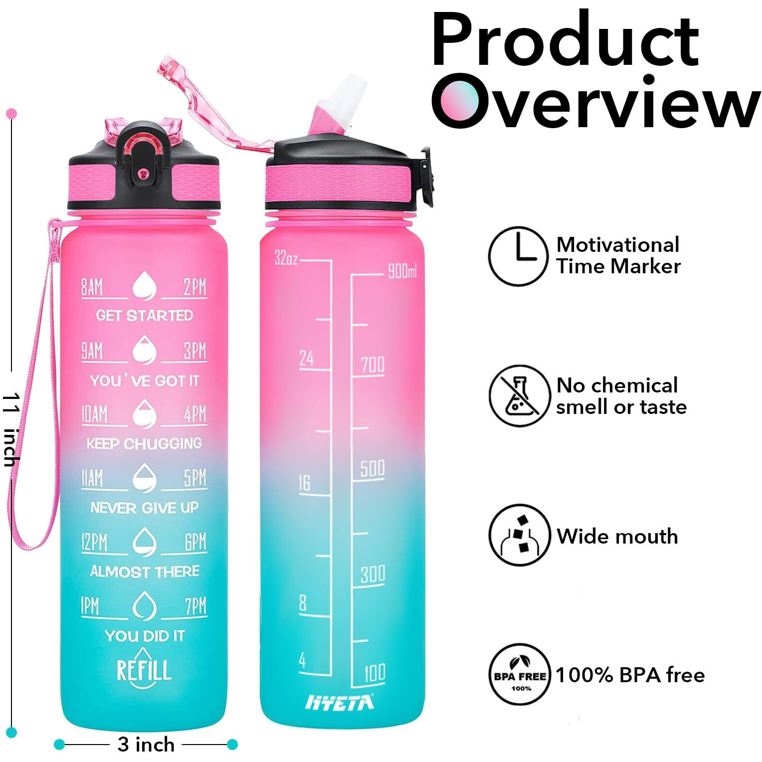 Hyeta 32 Oz Water Bottles With Times To Drink And Straw, Motivational Water Bottle With Time Marker, Leakproof, Drinking Sports Water Bottle For Fitness, Gym And Outdoor