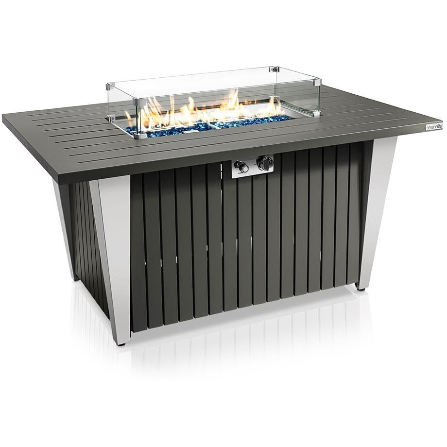 Outdoor Propane Fire Pit Table - Csa/Etl Certified 50,000 Btu Pulse Ignition Weatherproof Rectangle Propane Gas Fire Table W/Adjustable Flame - Glass Rocks Wind Guard, Black - Serenelife Slfpsx55