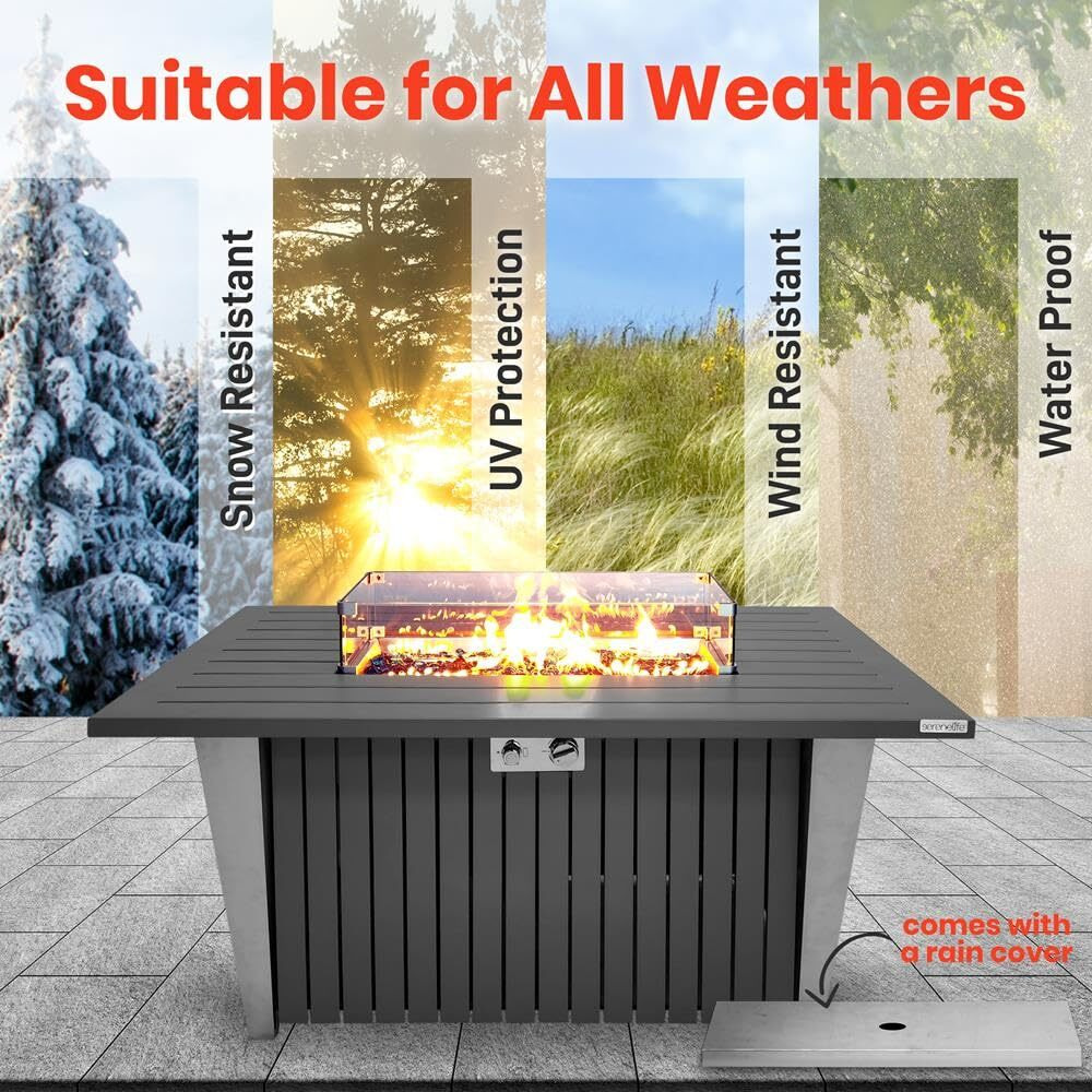 Outdoor Propane Fire Pit Table - Csa/Etl Certified 50,000 Btu Pulse Ignition Weatherproof Rectangle Propane Gas Fire Table W/Adjustable Flame - Glass Rocks Wind Guard, Black - Serenelife Slfpsx55