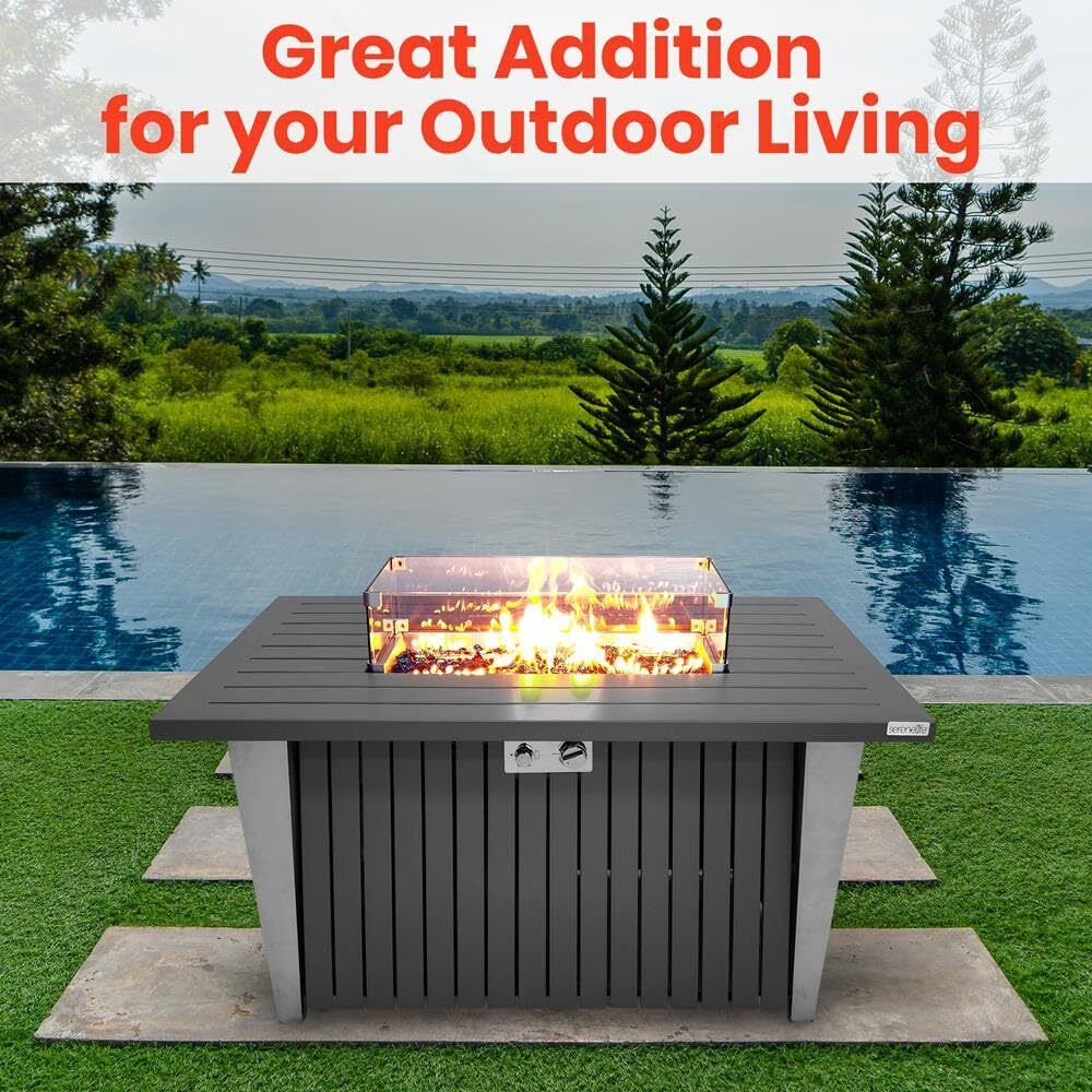 Outdoor Propane Fire Pit Table - Csa/Etl Certified 50,000 Btu Pulse Ignition Weatherproof Rectangle Propane Gas Fire Table W/Adjustable Flame - Glass Rocks Wind Guard, Black - Serenelife Slfpsx55