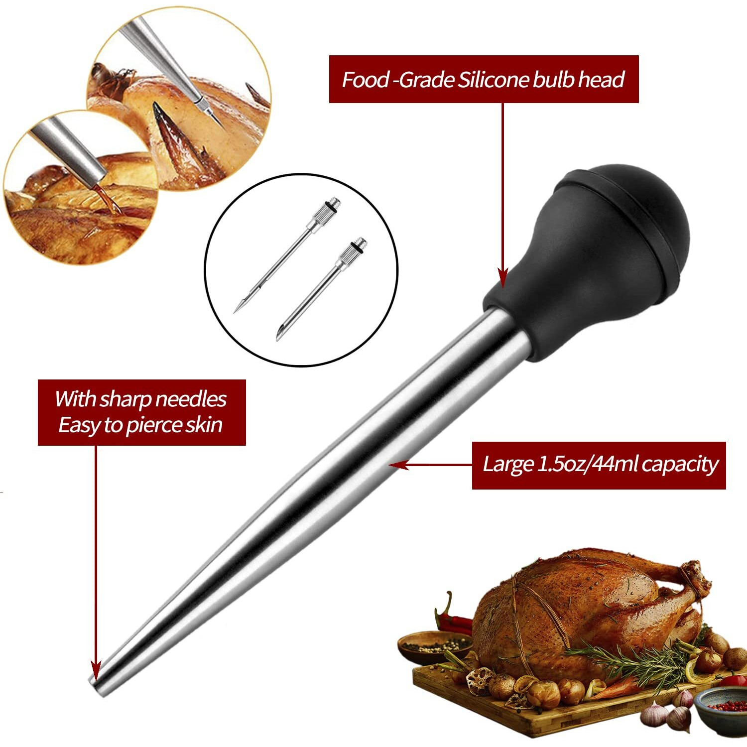 Jy Cookment Stainless Steel Turkey Baster Baster Syringe For Cooking Meat Injector Set With 2 Marinade Needles 1 Cleaning Brush For Home Baking Kitchen Tool