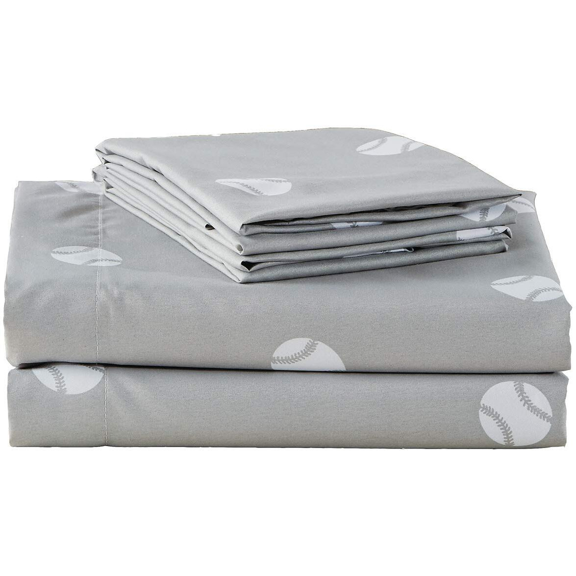 Chezmoi Collection 4-Piece Kids/Teens Sports Sheet Set - Soft Microfiber Gray White Baseball, Full Size
