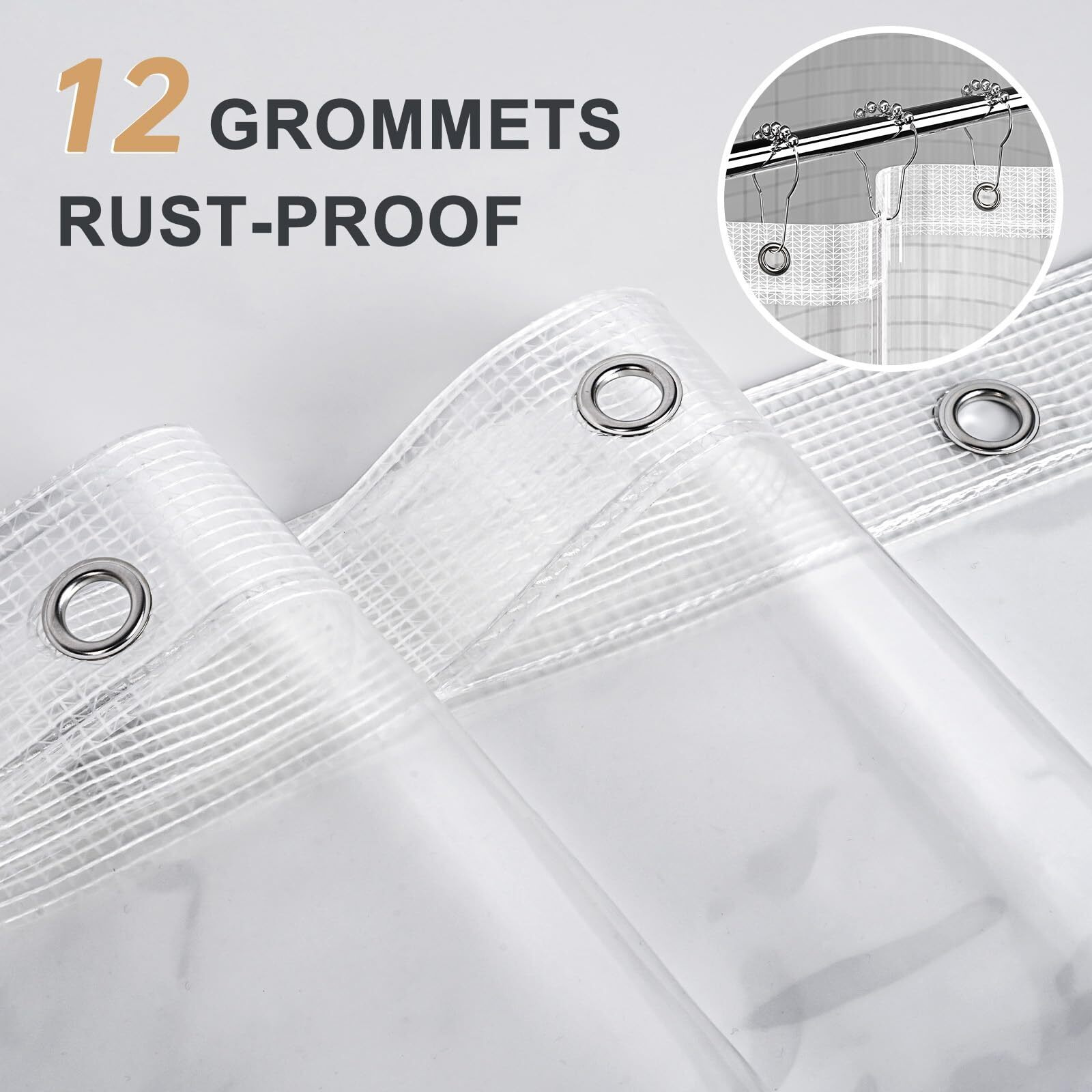 Amazerbath Heavy Duty Shower Curtain Liner 12 Gauge, 72 X 72 Inches Clear Shower Curtain Liner With 3 Clear Stones And 12 Grommet Holes, Weighted Plastic Shower Liner
