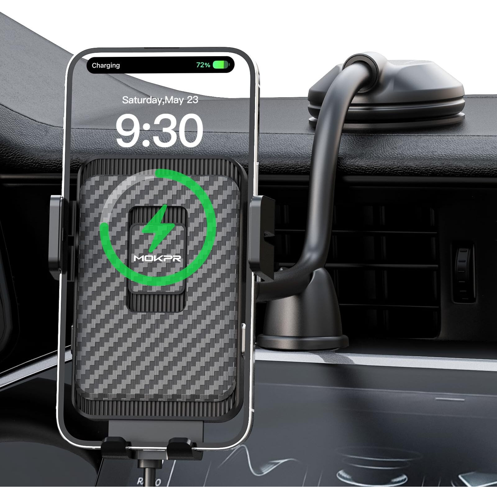 Wireless Car Charger, Mokpr 15W Fast Charging Car Mount Auto-Clamping Car Charger, Dashboard Windshield Phone Holder Compatible With Iphone 15/14/13/13 Pro/12 Pro12/11/X/8, Samsung S23/S22/S10/S9/S8