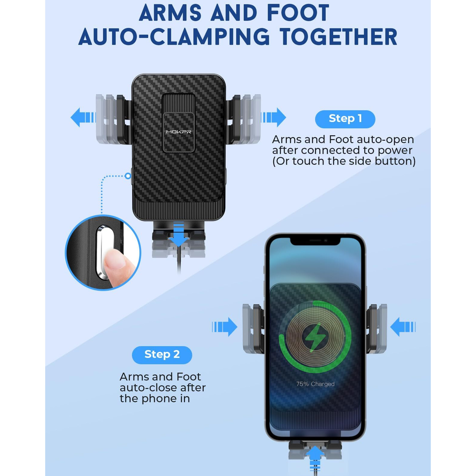 Wireless Car Charger, Mokpr 15W Fast Charging Car Mount Auto-Clamping Car Charger, Dashboard Windshield Phone Holder Compatible With Iphone 15/14/13/13 Pro/12 Pro12/11/X/8, Samsung S23/S22/S10/S9/S8