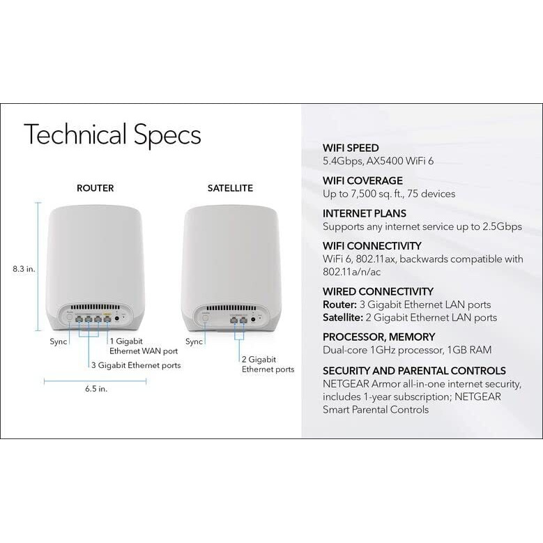 Netgear Rbk763S-100Nas Orbi Tri-Band Wifi 6 Mesh System Router + 2 Satellites