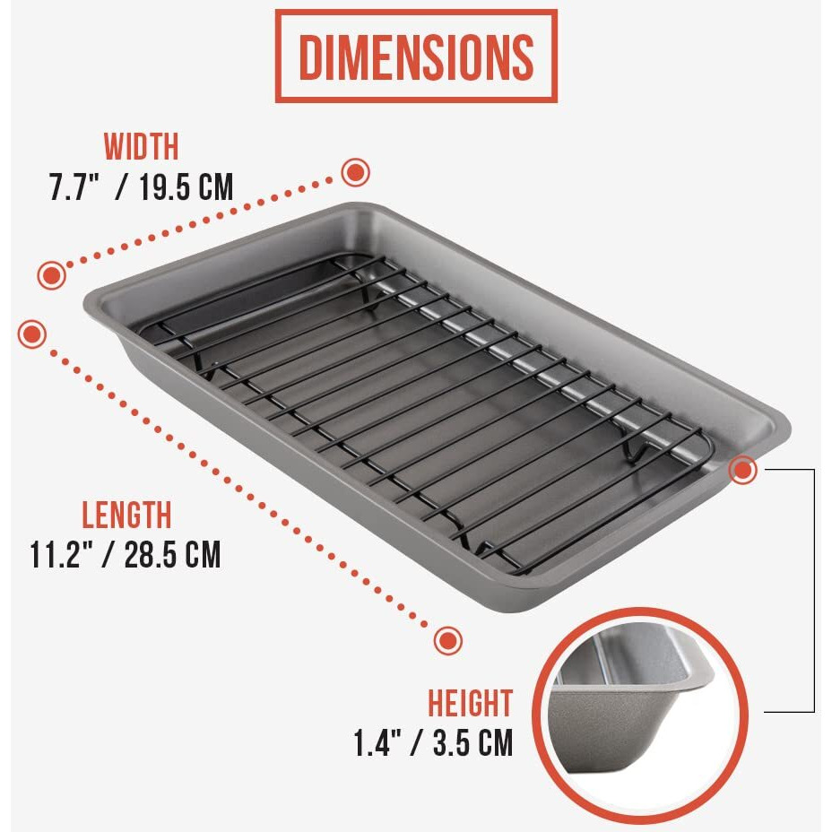 Chef Pomodoro Nonstick Carbon Steel Small Roasting Pan With Rack, Roasting Pan For Countertop Oven Baking, Single Serving, Grey (Mini)