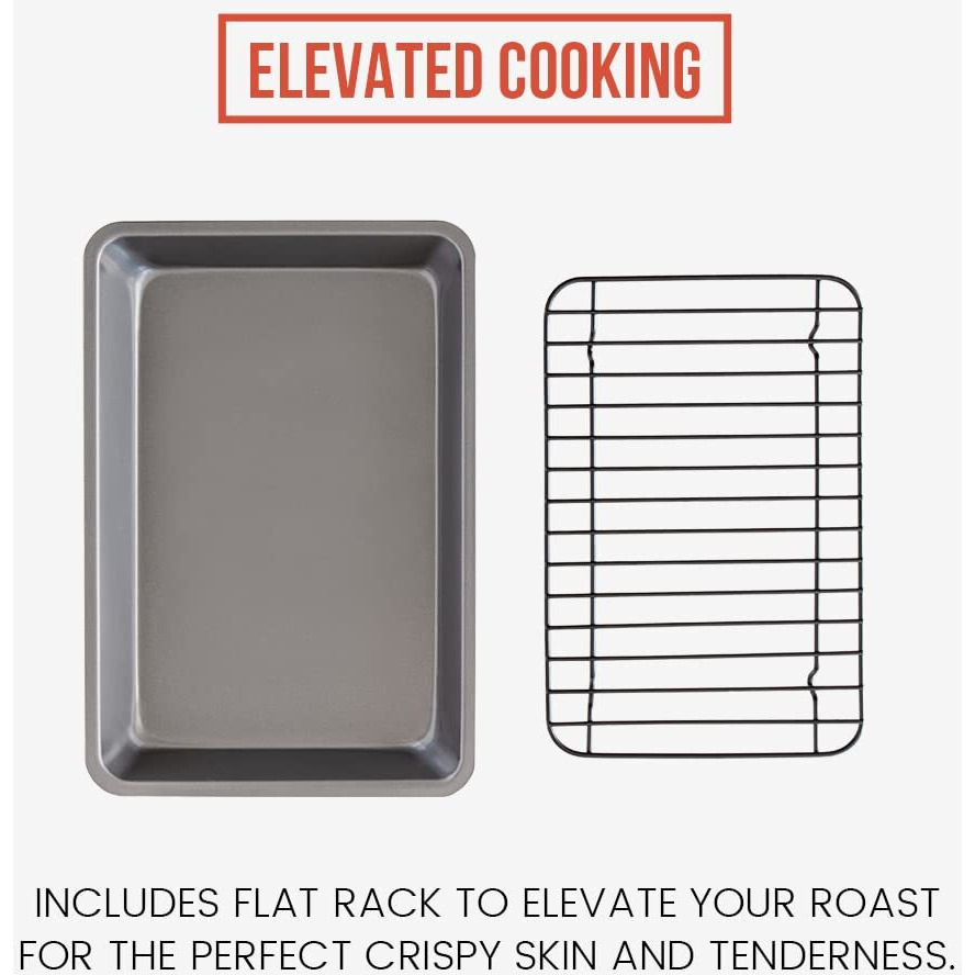 Chef Pomodoro Nonstick Carbon Steel Small Roasting Pan With Rack, Roasting Pan For Countertop Oven Baking, Single Serving, Grey (Mini)