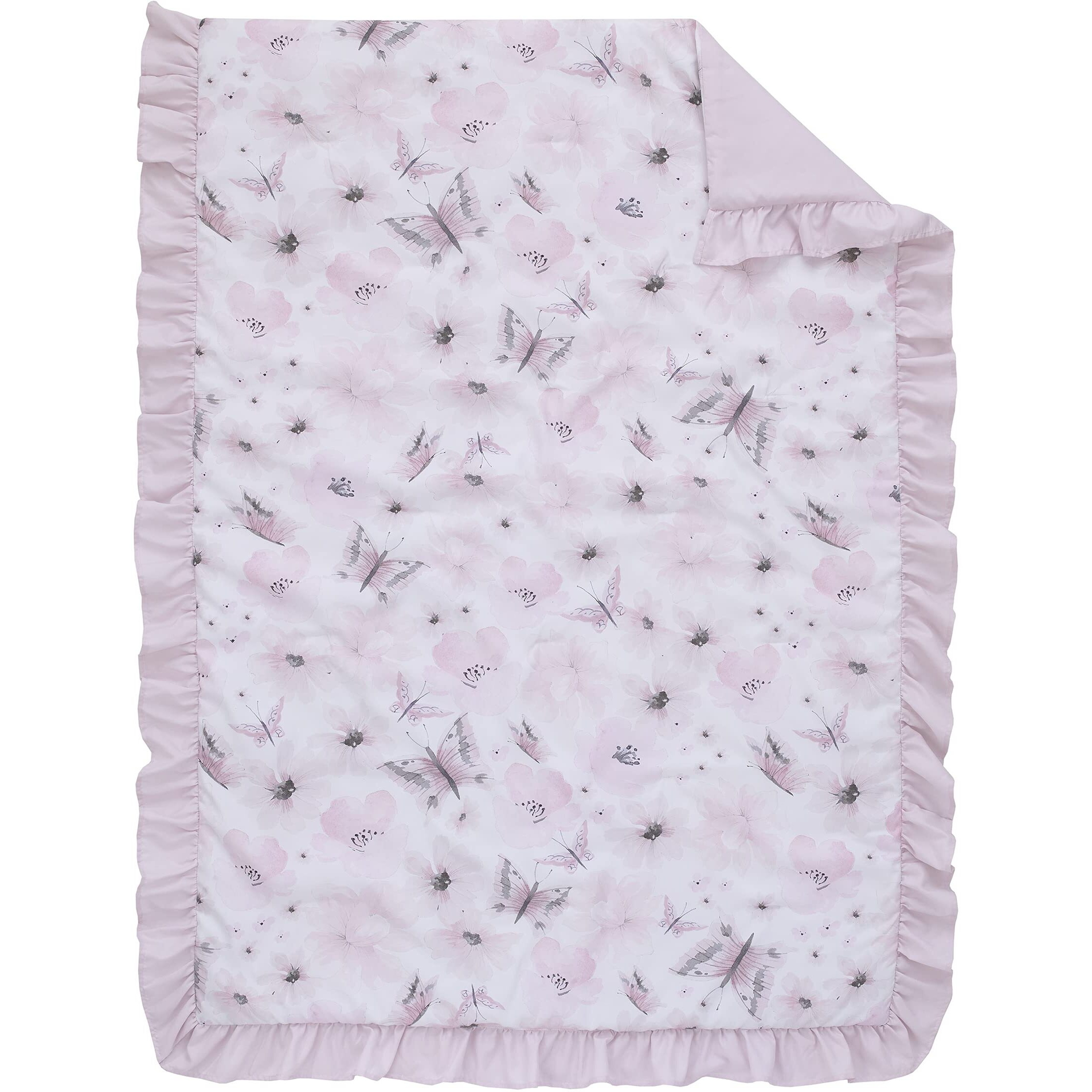 Everything Kids Floral Butterfly Pink, White, & Gray 4Piece Toddler Bed Set - Comforter, Fitted Bottom Sheet, Flat Top Sheet, & Reversible Pillowcase, Pink, White, Grey, 5345416P