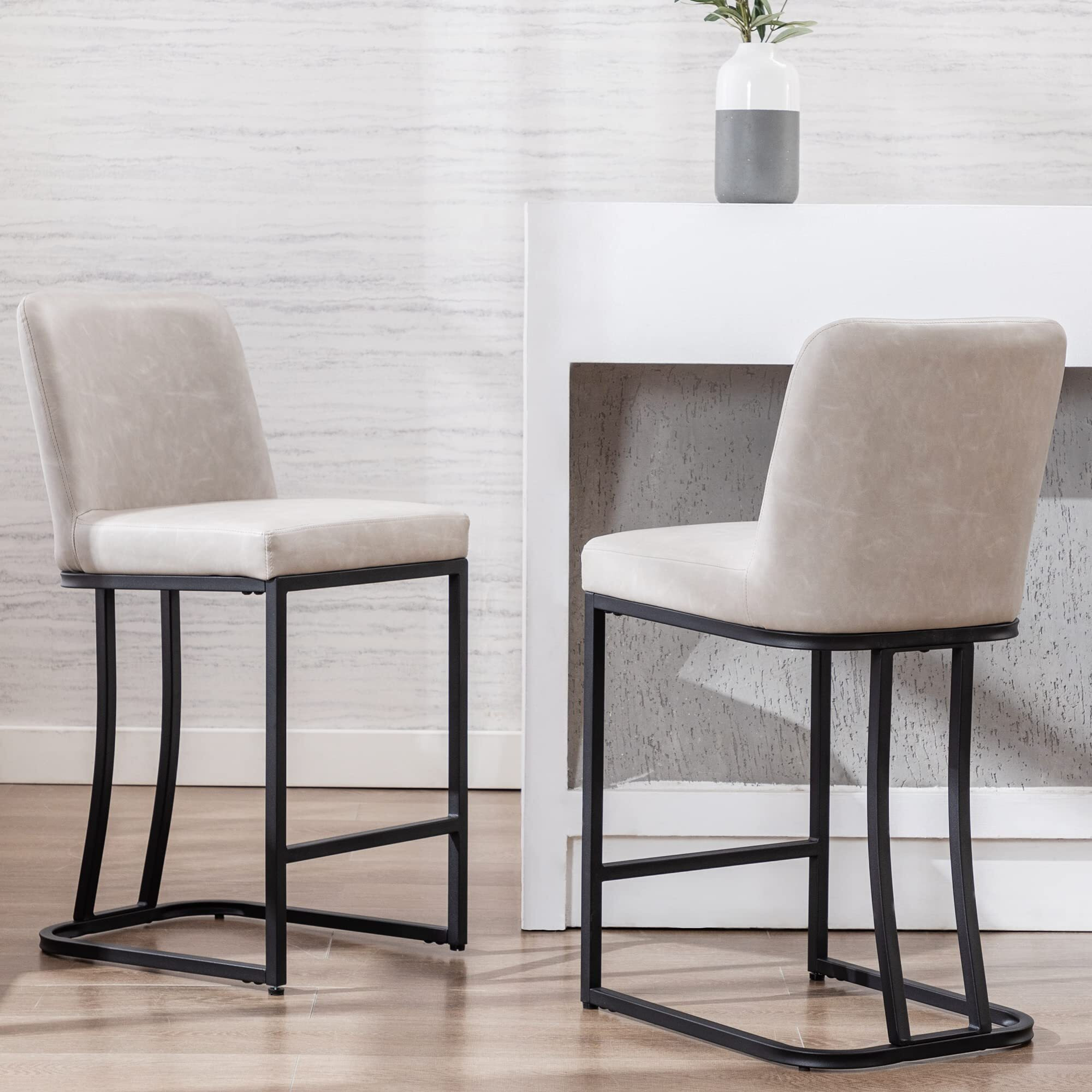 Modern Counter Height Bar Stools Set Of 2, 24 Inch Pu Leather Upholstered Kitchen Barstools With Back, Counter Stool Chairs With Black Metal Frame For Island Pub Bar Dining Room, Pebble Grey