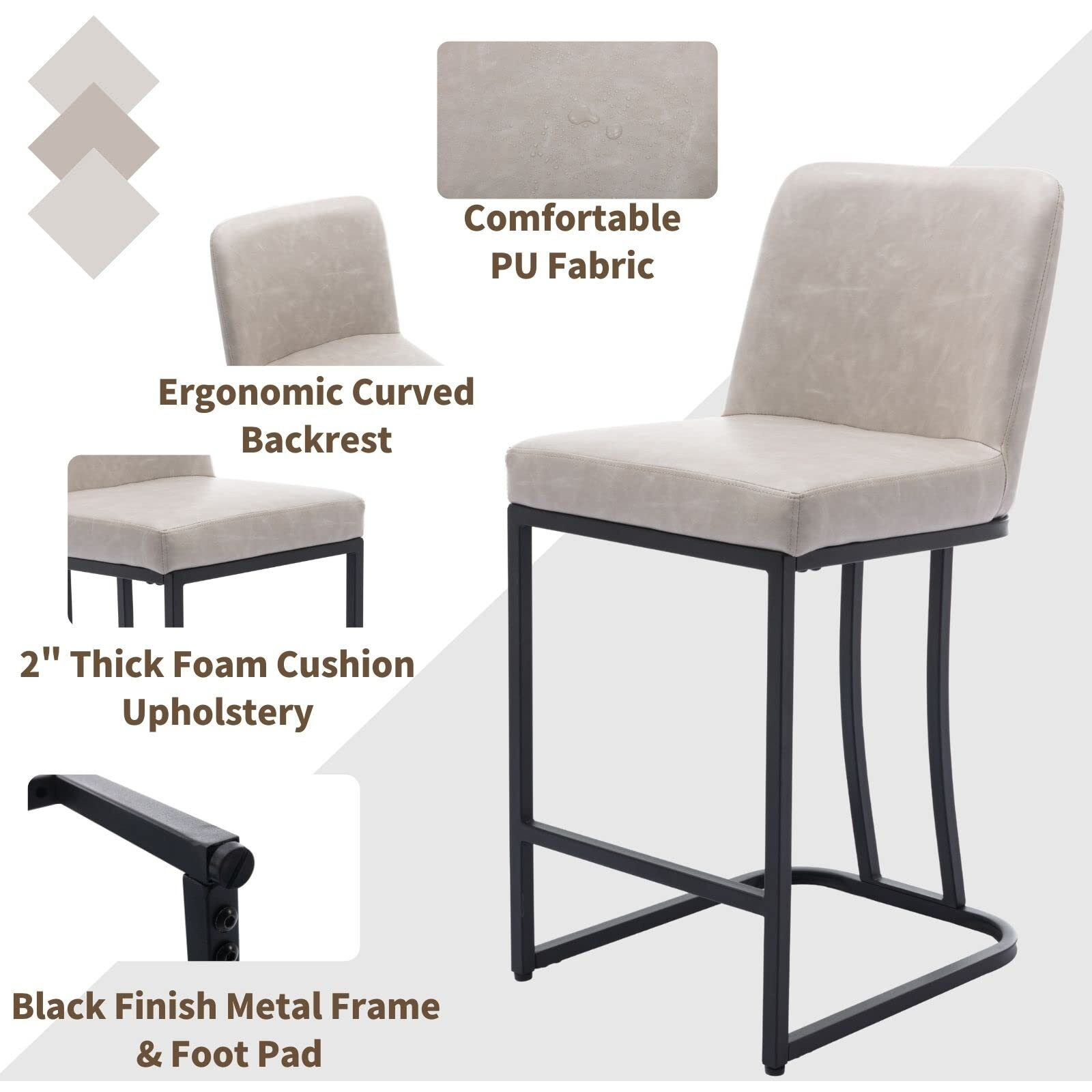 Modern Counter Height Bar Stools Set Of 2, 24 Inch Pu Leather Upholstered Kitchen Barstools With Back, Counter Stool Chairs With Black Metal Frame For Island Pub Bar Dining Room, Pebble Grey