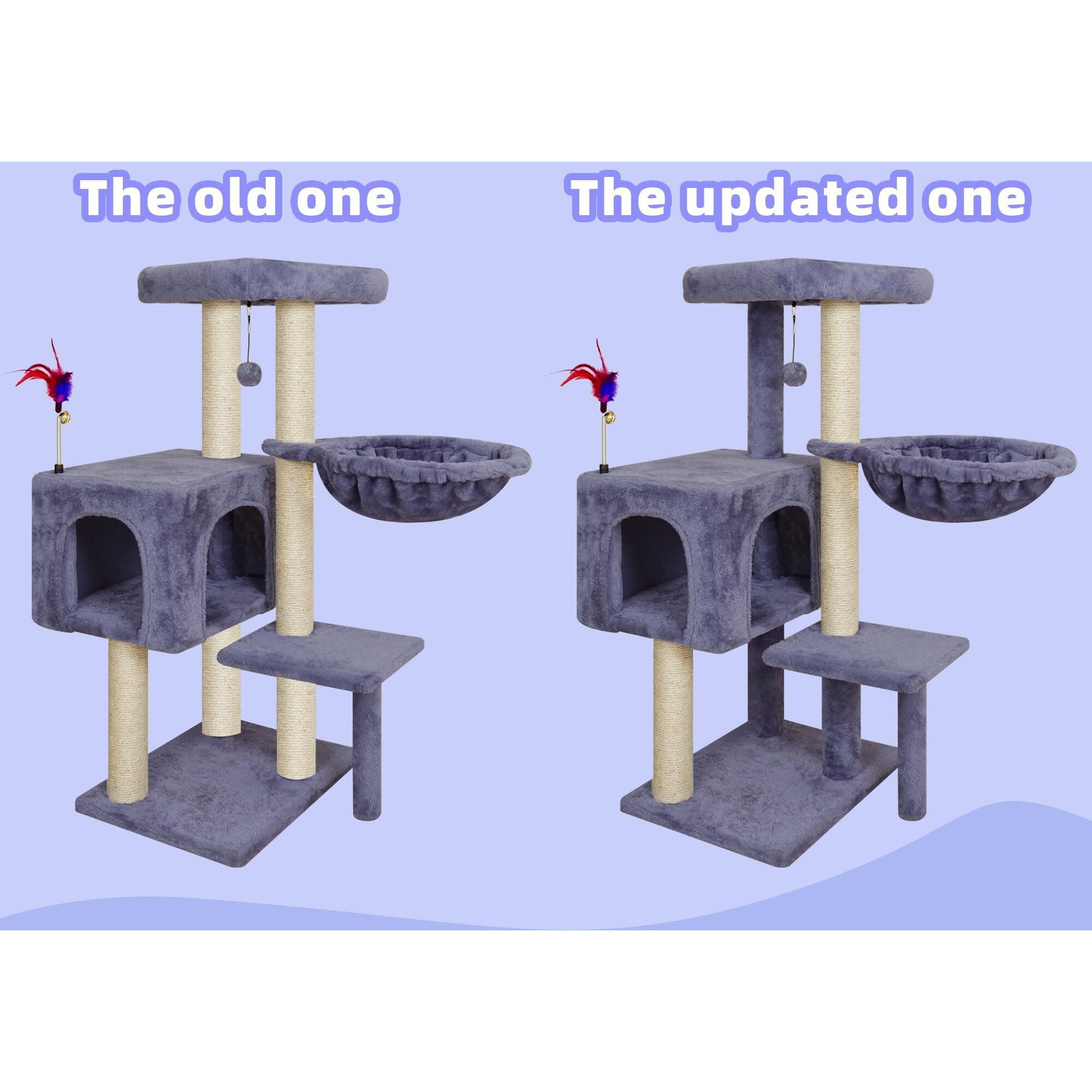 Aiwikide Multifunction Cat Tree Has Cozy Hammock & Hanging Ball, Cat Tower With Activity Centre Furniture & Jute-Covered Scratching Posts Grey