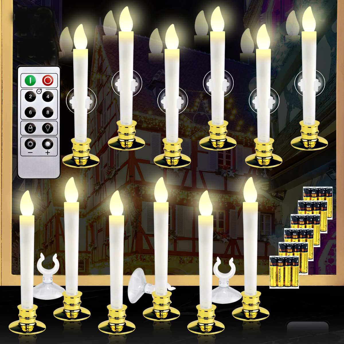 Kithouse 12 Set Christmas Window Candles Lights With Timer Battery Operated Electric Led Taper Candles Flameless For Windows, Gold Candle Holders, Suction Cups & 24 Pcs Battery Included (12 Set)