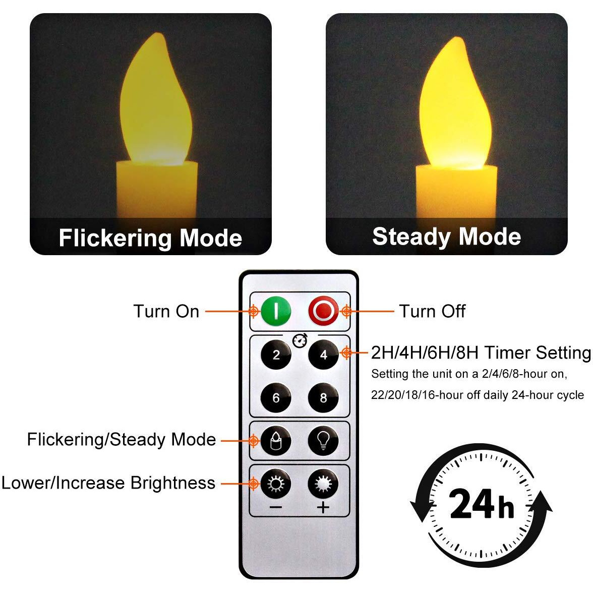 Kithouse 12 Set Christmas Window Candles Lights With Timer Battery Operated Electric Led Taper Candles Flameless For Windows, Gold Candle Holders, Suction Cups & 24 Pcs Battery Included (12 Set)