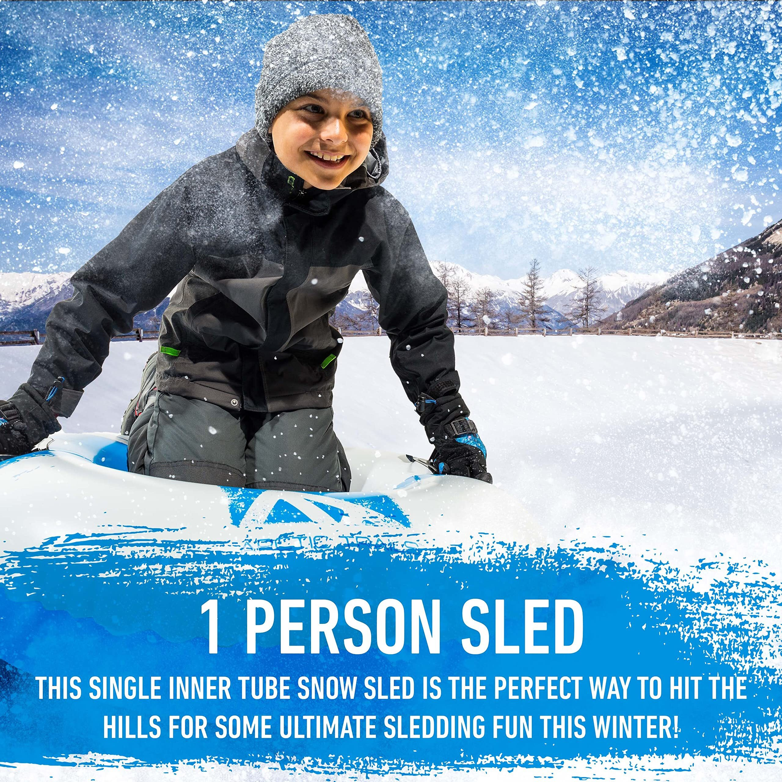 Franklin Sports Arctic Trails Single Person Inflatable Snow Sled - Heavy Duty Snow Tube For Kids - Long Lasting Fun - Blue/White