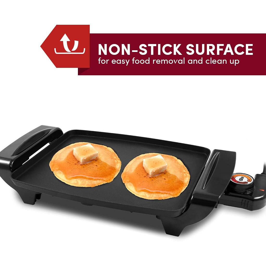 Elite Gourmet Egr2722A Electric 10.5"" X 8.5"" Griddle, Cool-Touch Handles Non-Stick Surface, Removable/Adjustable Thermostat, Skid Free-Rubber Feet, Black
