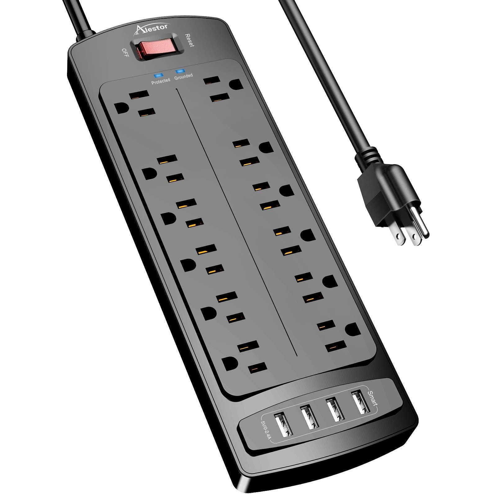 Power Strip, Alestor Surge Protector With 12 Outlets And 4 Usb Ports, 6 Feet Extension Cord (1875W/15A), 2700 Joules, Etl Listed, Black