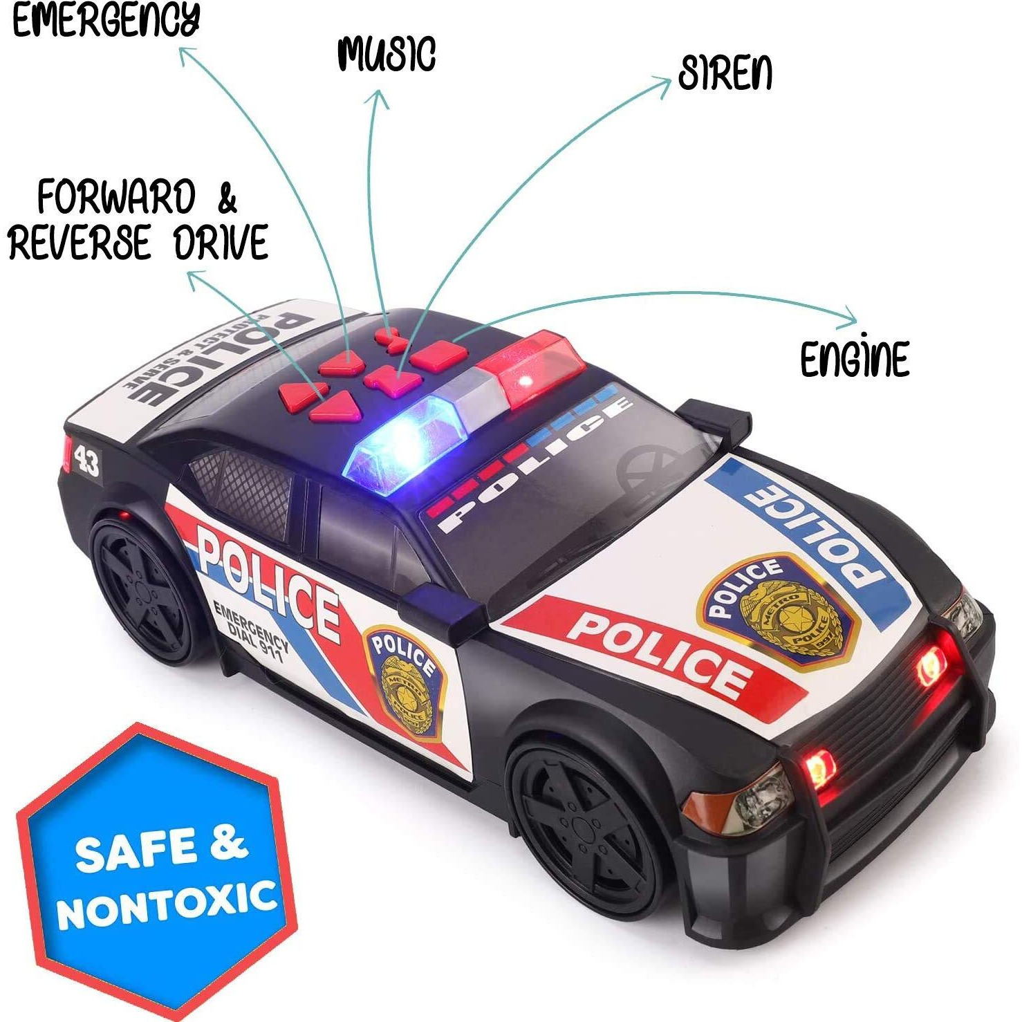 Liberty Imports Motorized Police Cruiser Kids Toy Cop Car Electric Model Rush & Rescue Vehicle 1/16 Scale With Button Activated Forward Reverse Motion, Siren Sounds And Flashing Lights