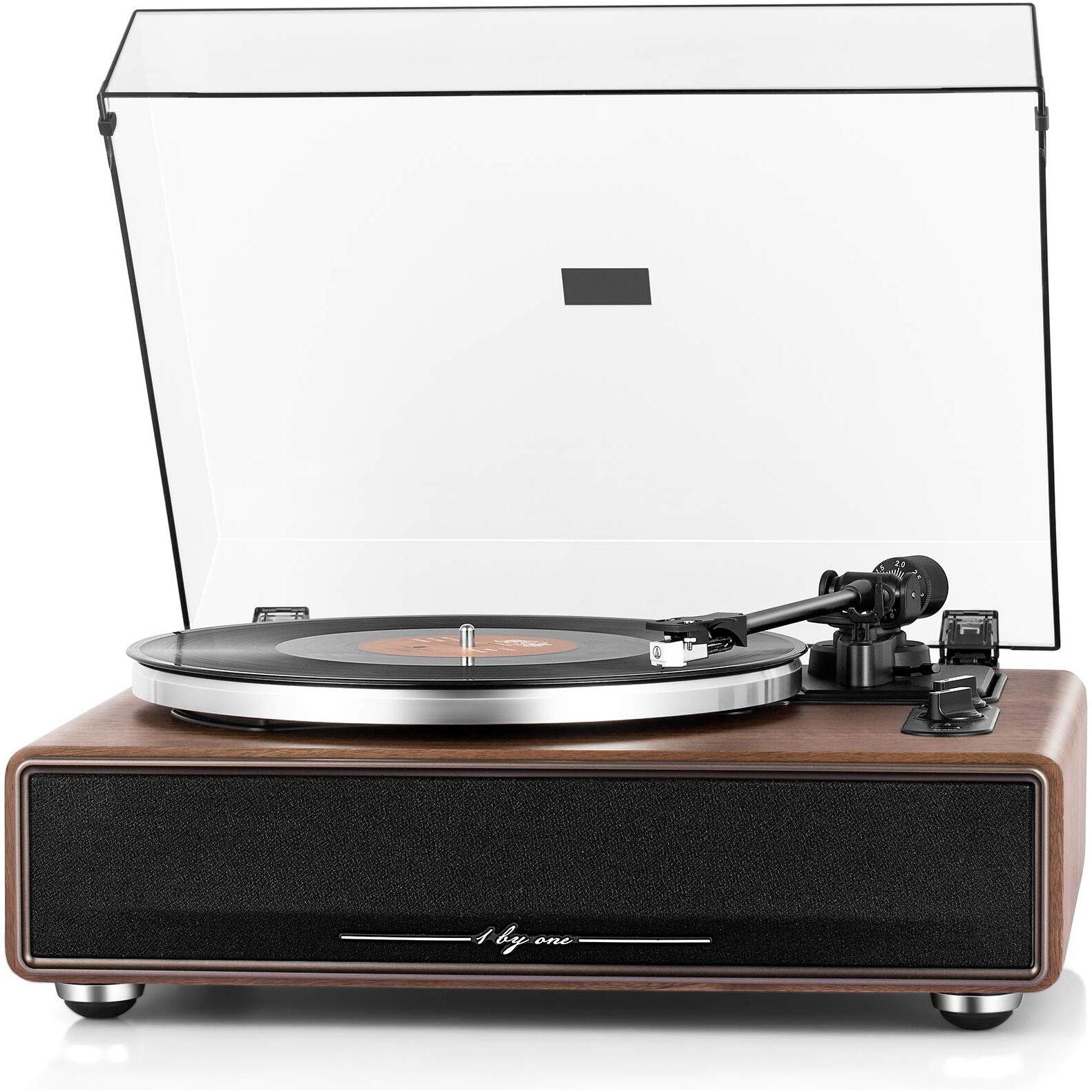 1 By One High Fidelity Belt Drive Turntable With Built-In Speakers, Vinyl Record Player With Magnetic Cartridge, Bluetooth Playback And Aux-In Functionality, Auto Off